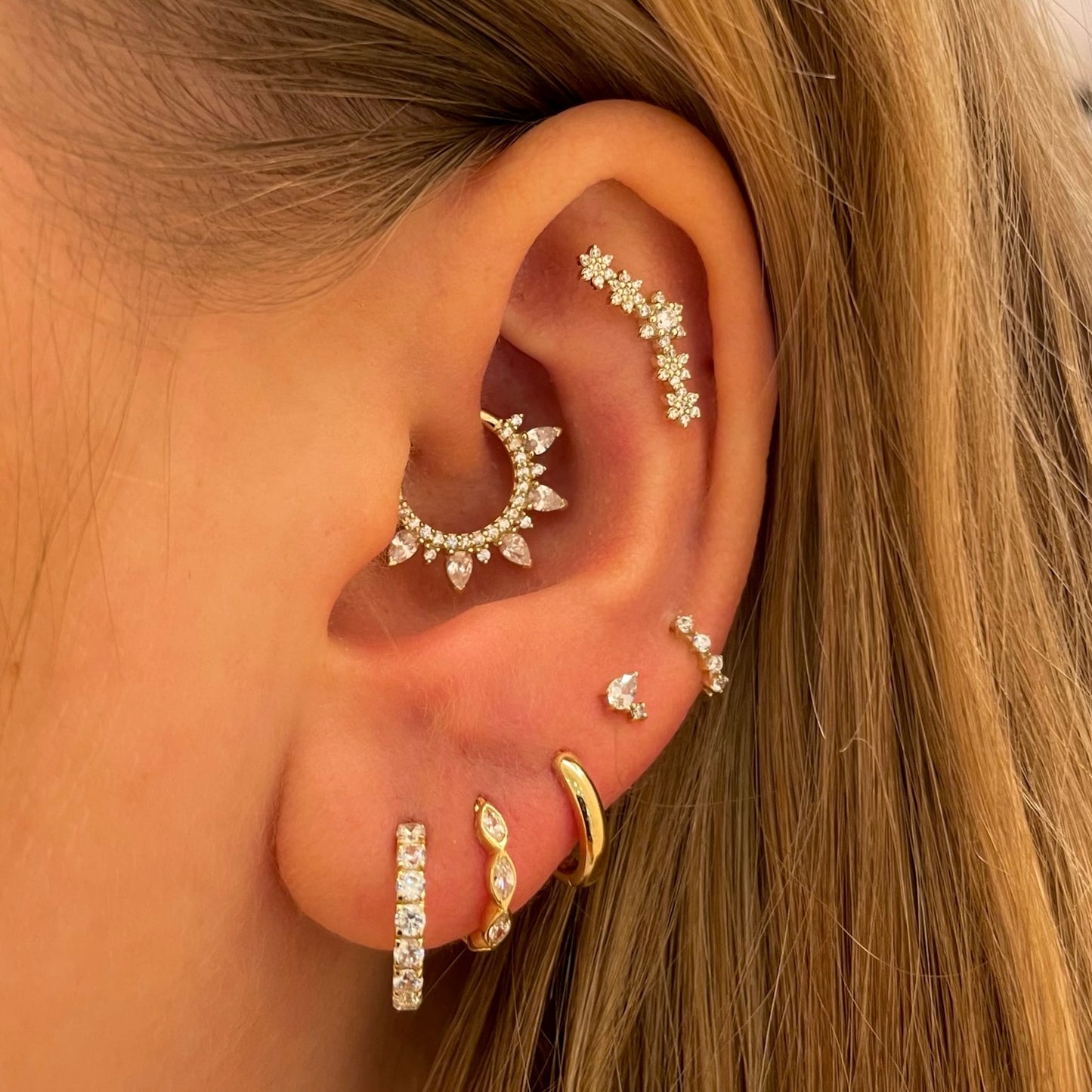 9k solid yellow gold four-stone crystal teeny tiny huggie earring Huggies and Hoops Laura Bond Maria Tash astrid miyu