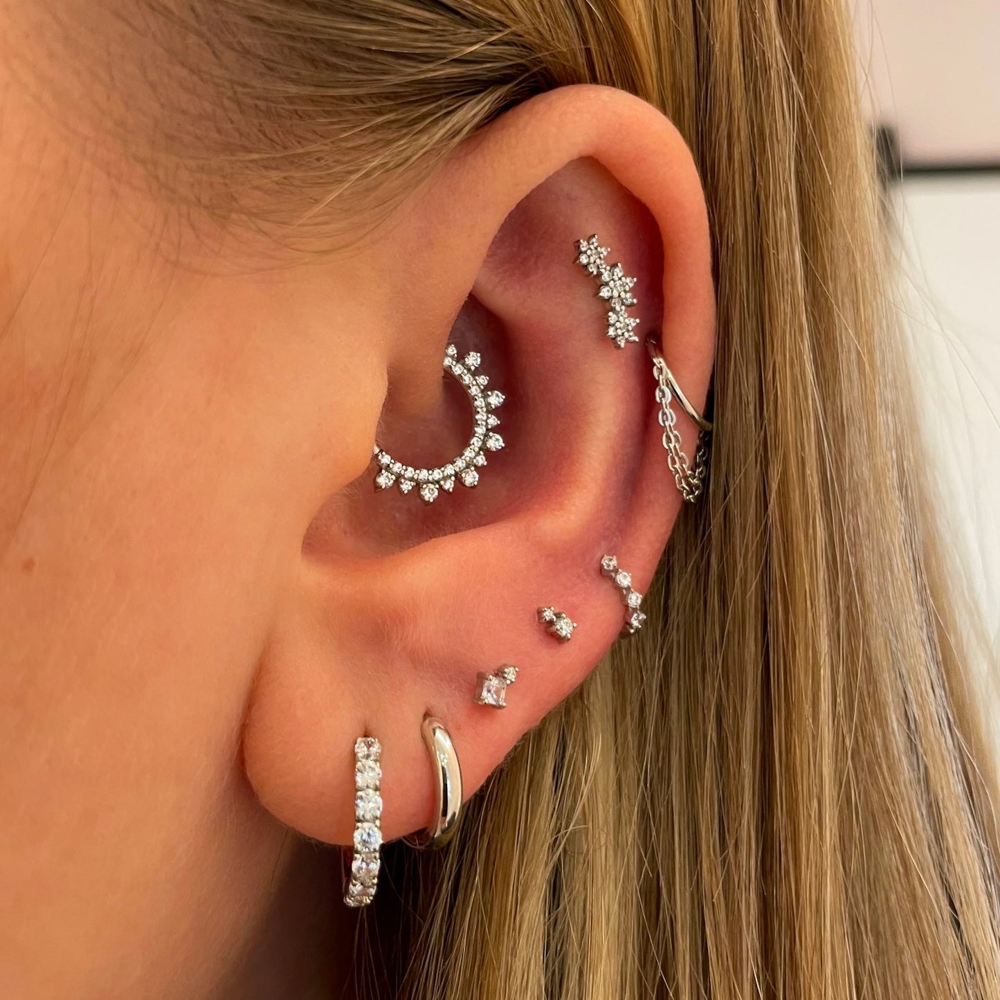 9k solid white gold four-stone crystal teeny tiny huggie earring Huggies and Hoops Laura Bond Maria Tash astrid miyu