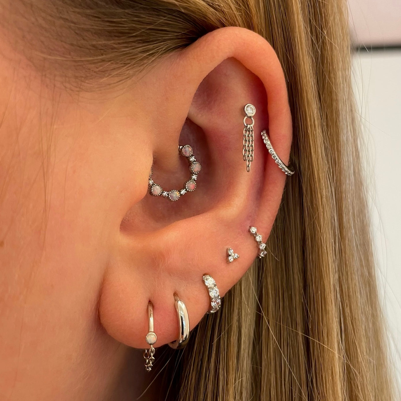 9k solid white gold four-stone crystal teeny tiny huggie earring Huggies and Hoops Laura Bond Maria Tash astrid miyu