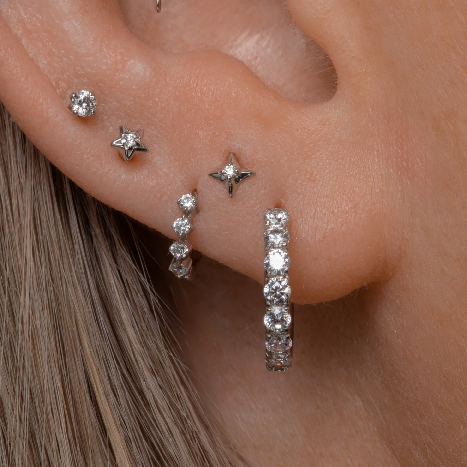 9k solid white gold four-stone crystal teeny tiny huggie earring Huggies and Hoops Laura Bond Maria Tash astrid miyu