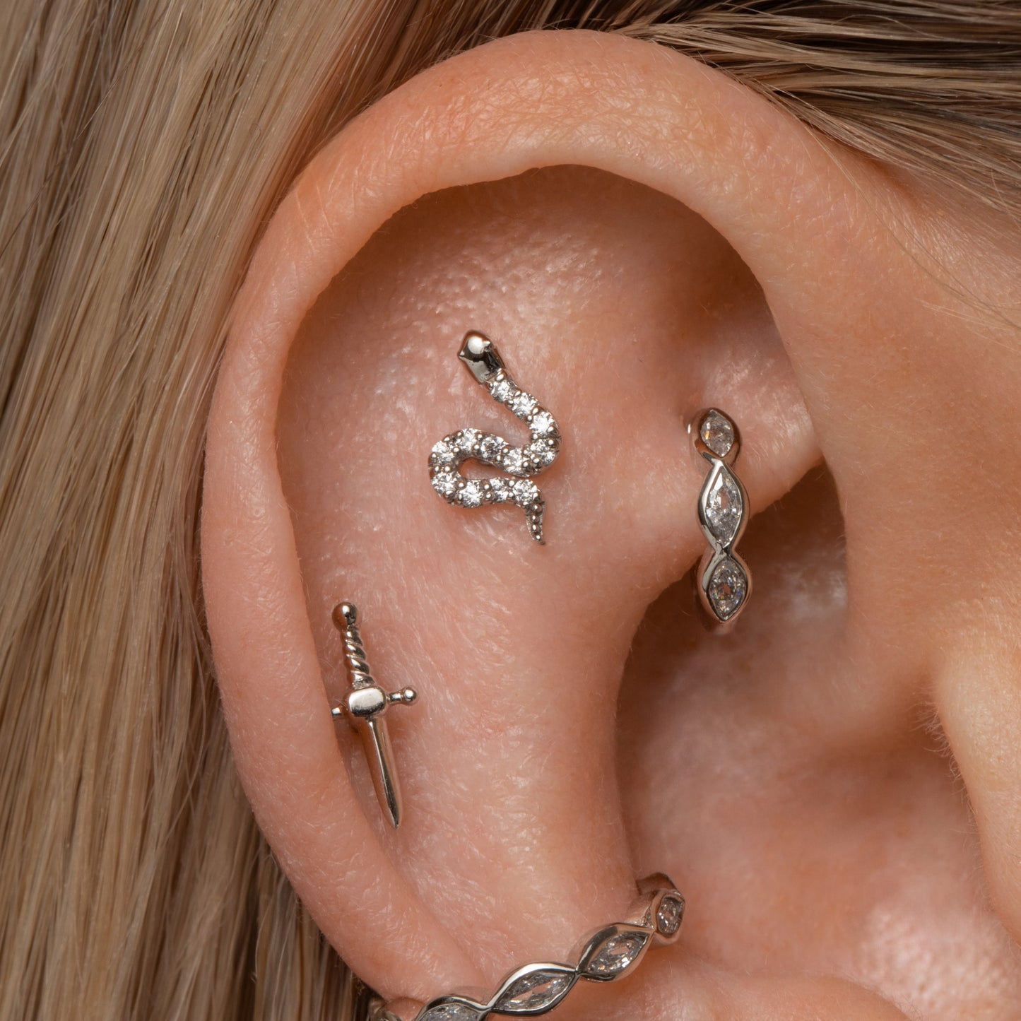 14k solid white gold sparkly snake flat back labret stud earring 8mm Cartilage Studs Laura Bond Maria Tash astrid miyu