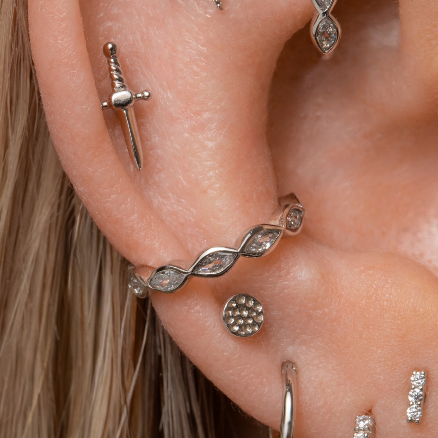 14k solid white gold 16g marquise crystal clicker hoop earring Huggies and Hoops Laura Bond Maria Tash astrid miyu