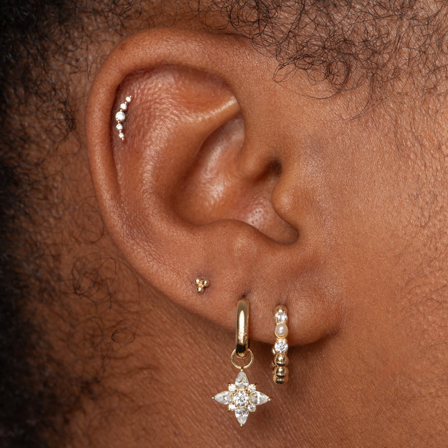 Hayley B Daines X LB - 14k solid yellow gold tiny triple dot flat back labret stud earring 8mm Cartilage Studs Laura Bond Maria Tash