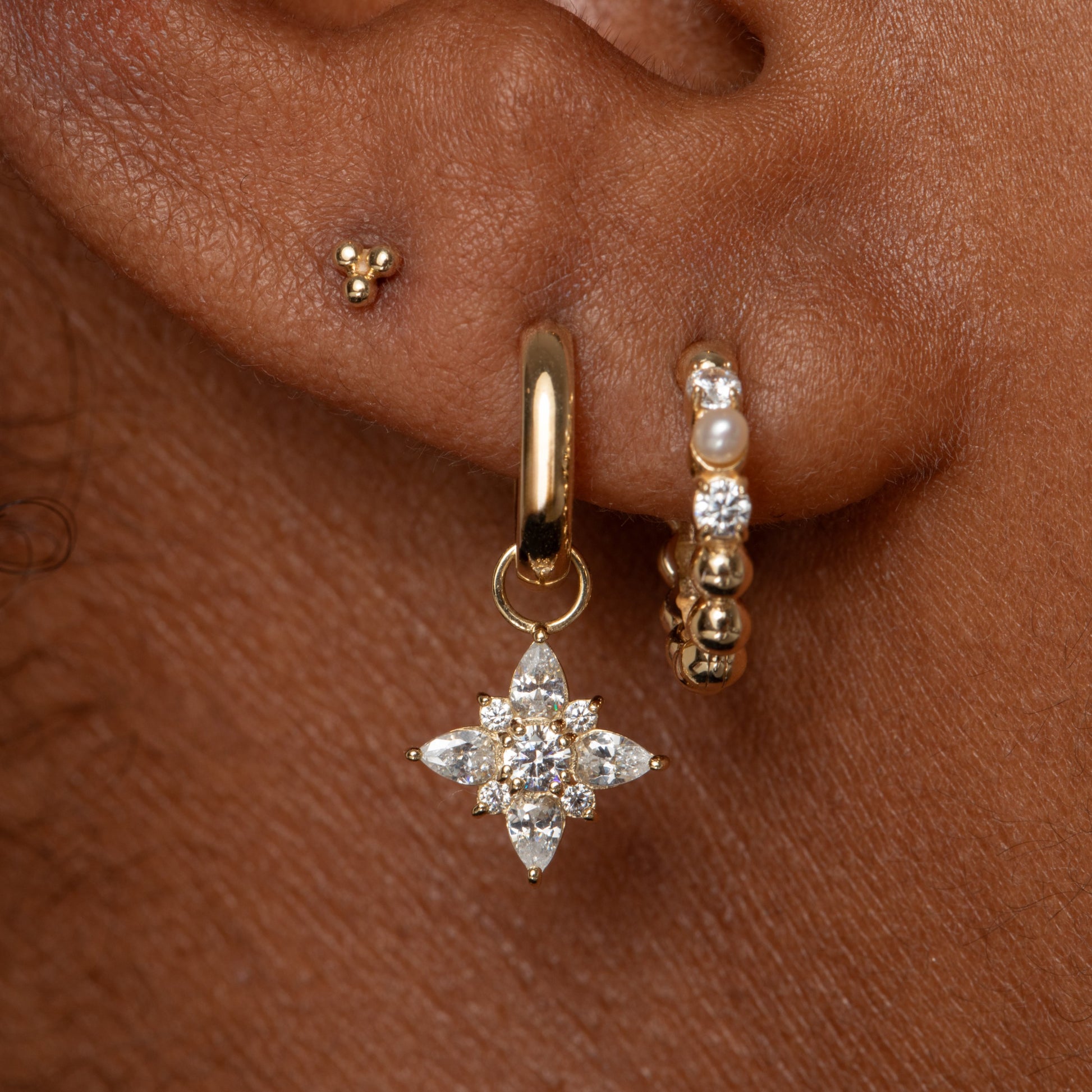 Hayley B Daines X LB - 14k solid yellow gold tiny triple dot flat back labret stud earring 8mm Cartilage Studs Laura Bond Maria Tash astrid miyu