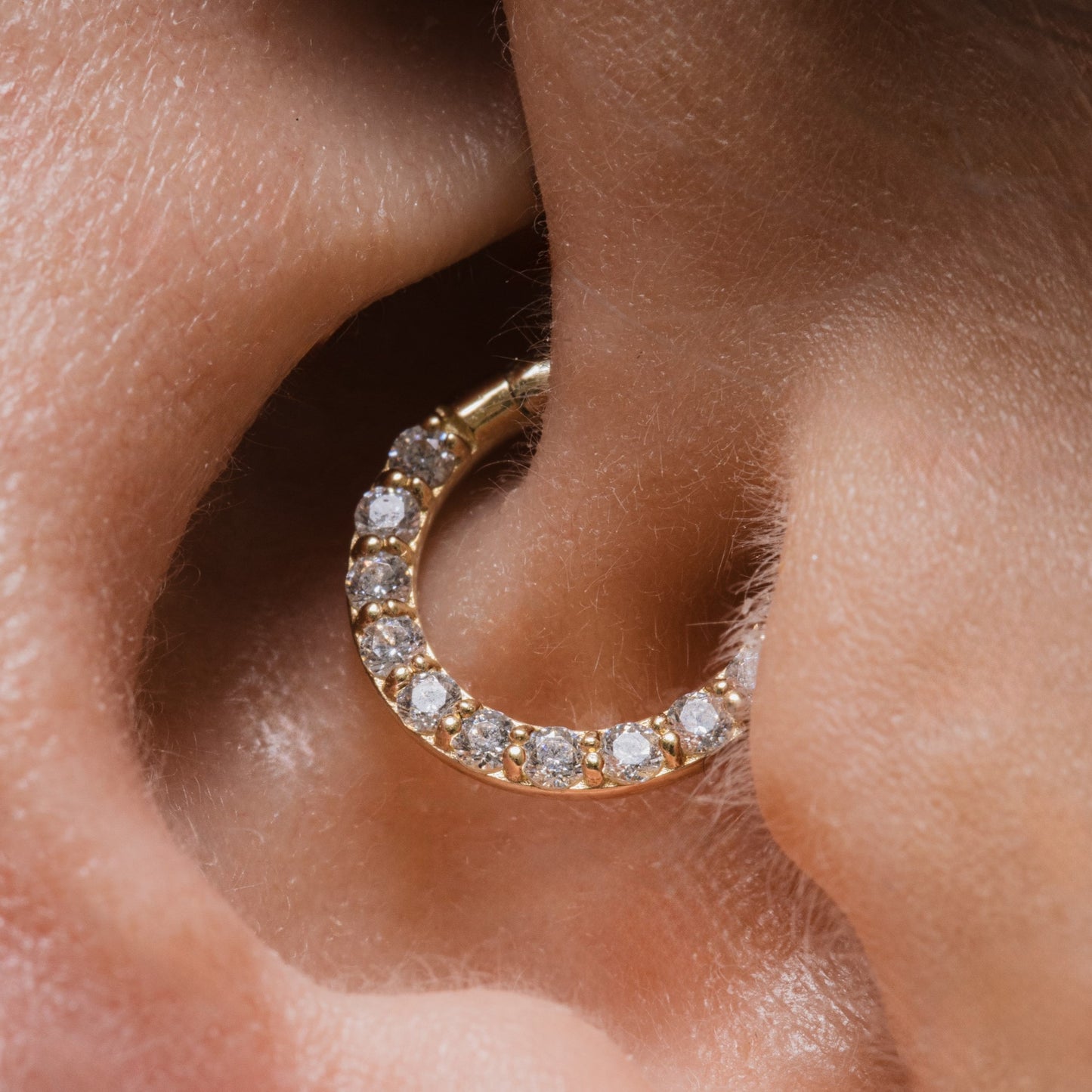 9k solid yellow gold simple crystal hoop for daith or septum