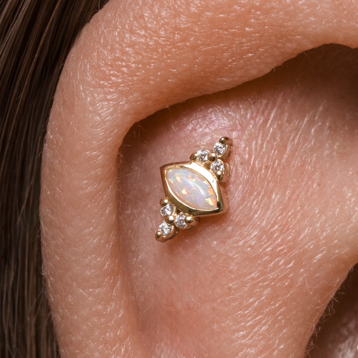 9k solid yellow gold opal Hera flat back labret stud earring 6mm