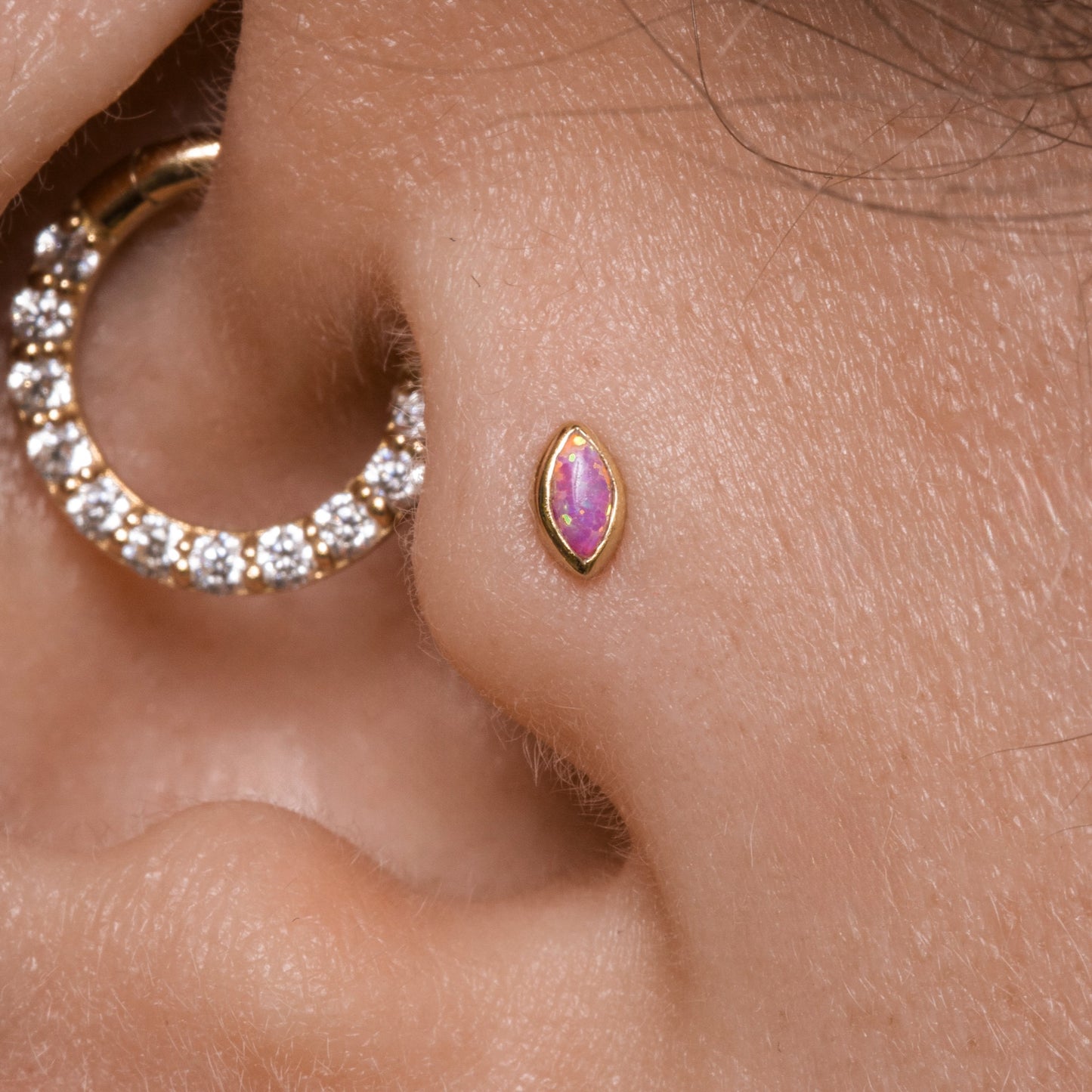 14k solid yellow gold tiny Flora pink opal marquise stud 8mm