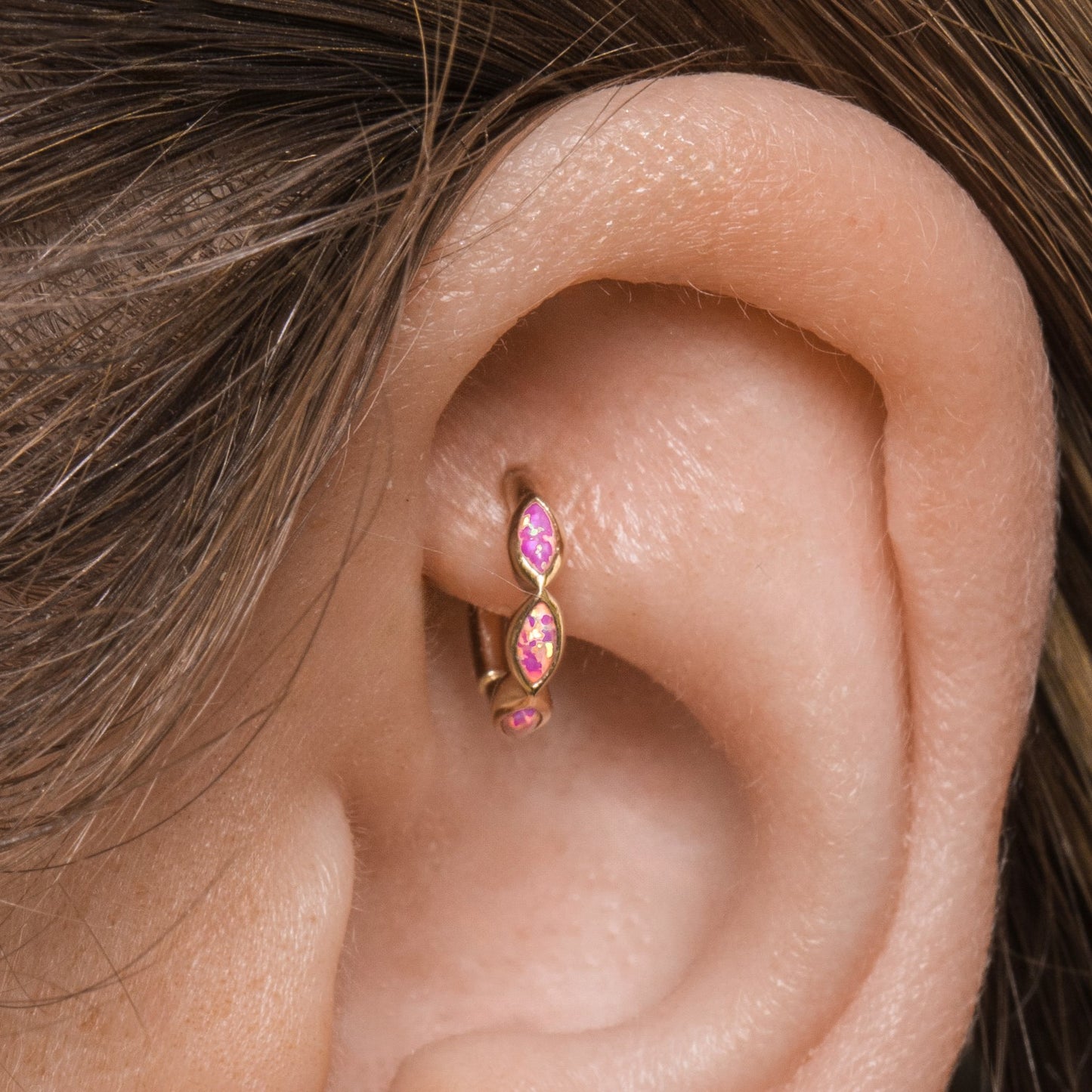 9k solid yellow gold 6mm Flora pink opal marquise mini clicker hoop earring