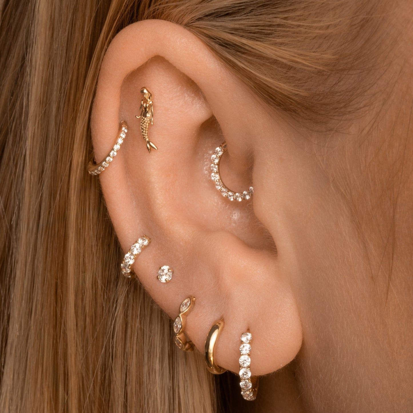 14k solid yellow gold mermaid flat back labret stud earring 8mm (right) Cartilage Studs Laura Bond Maria Tash