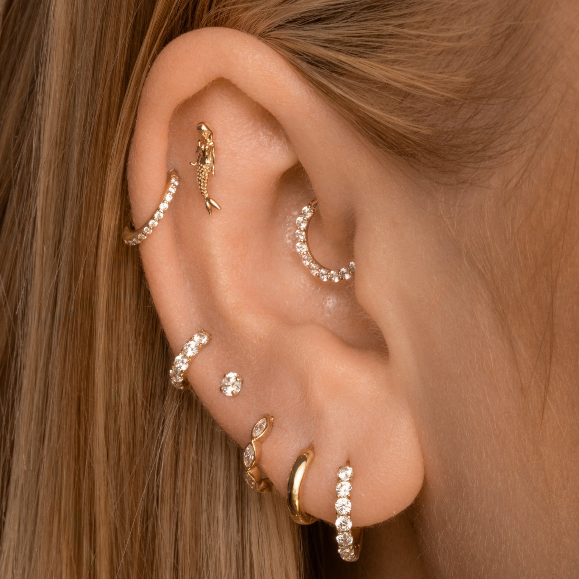 14k solid yellow gold mermaid flat back labret stud earring 8mm (right) Cartilage Studs Laura Bond Maria Tash