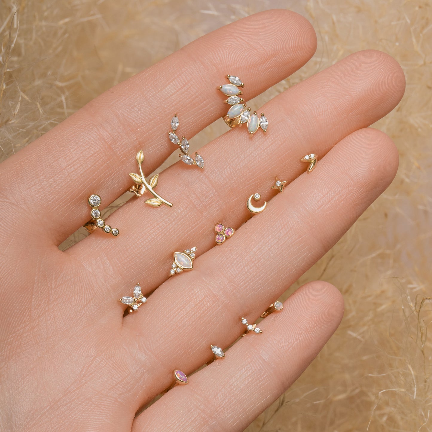 9k solid yellow gold textured vine garland flat back labret stud earring 6mm Cartilage Studs Laura Bond Maria Tash astrid miyu
