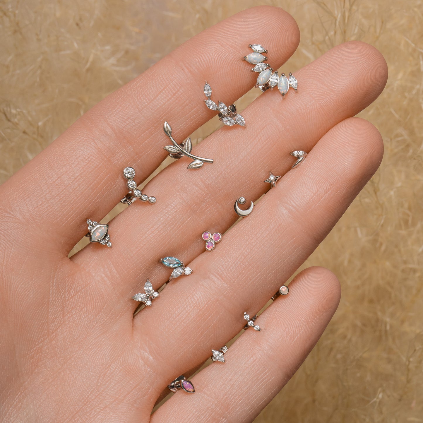14k solid white gold textured vine garland flat back labret stud earring 8mm Cartilage Studs Laura Bond Maria Tash