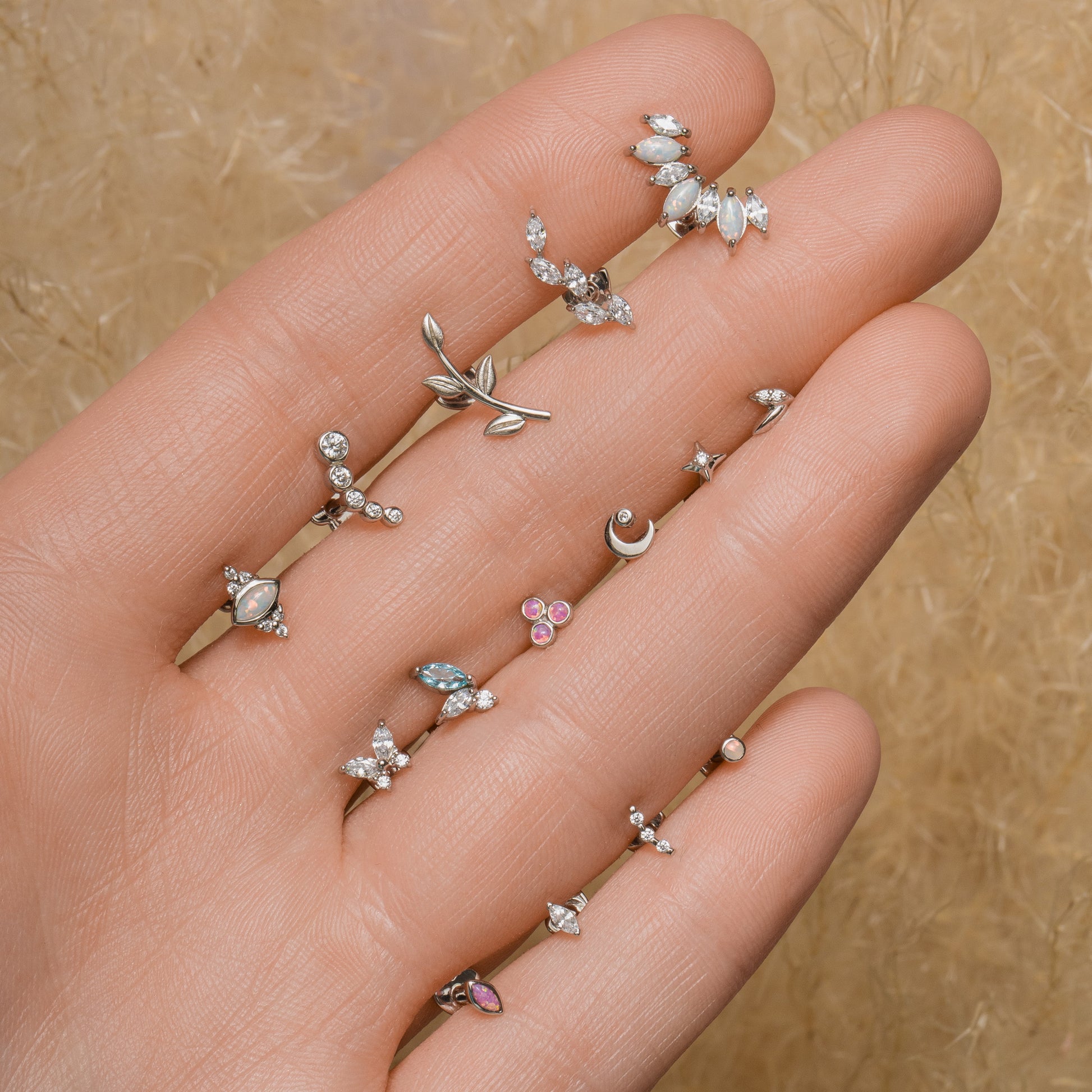 14k solid white gold textured vine garland flat back labret stud earring 8mm Cartilage Studs Laura Bond Maria Tash