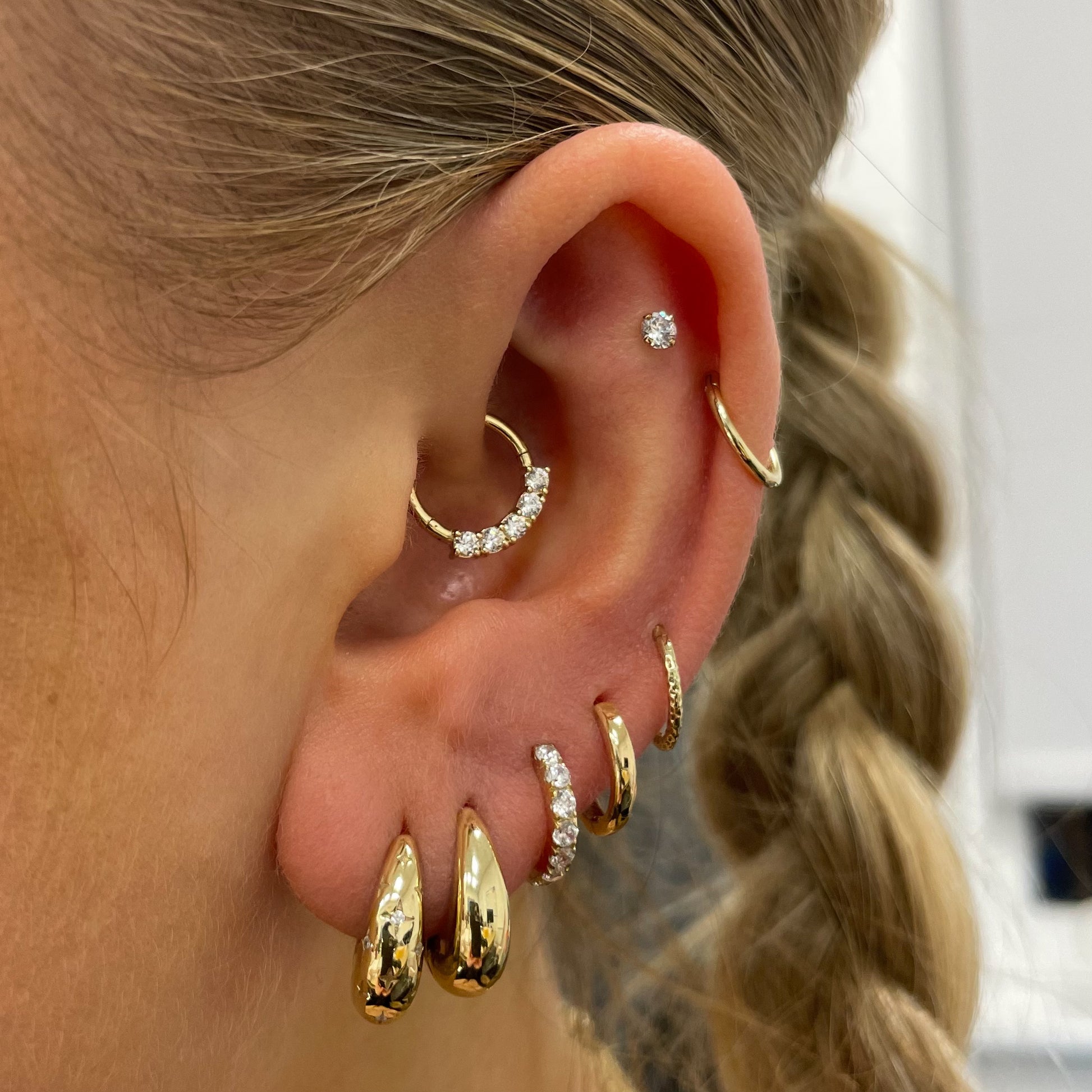 14k solid yellow gold 9mm Estelle crystal pavé hoop for daith or septum Huggies and Hoops Laura Bond Maria Tash astrid miyu