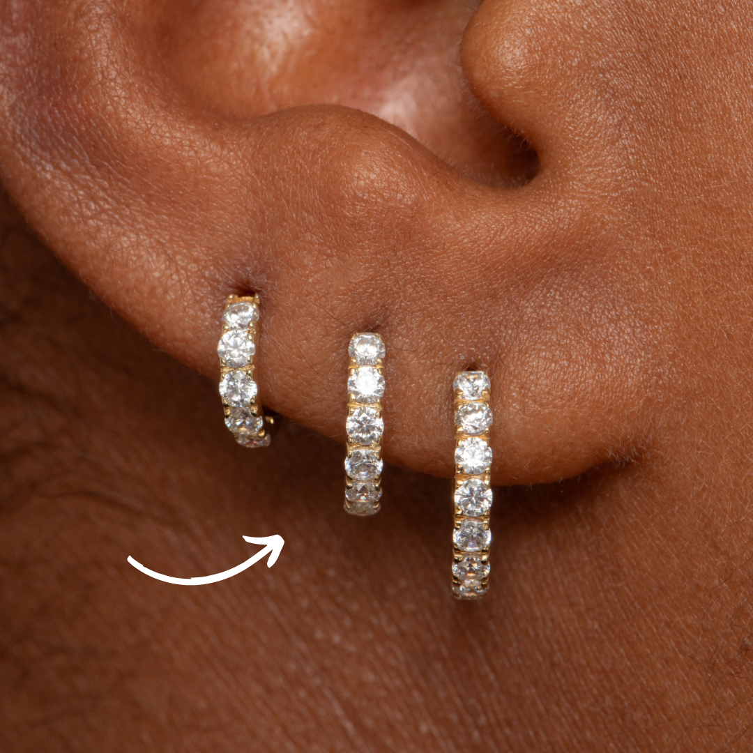 9k solid yellow gold 8mm simple crystal huggie earring Huggies and Hoops Laura Bond Maria Tash