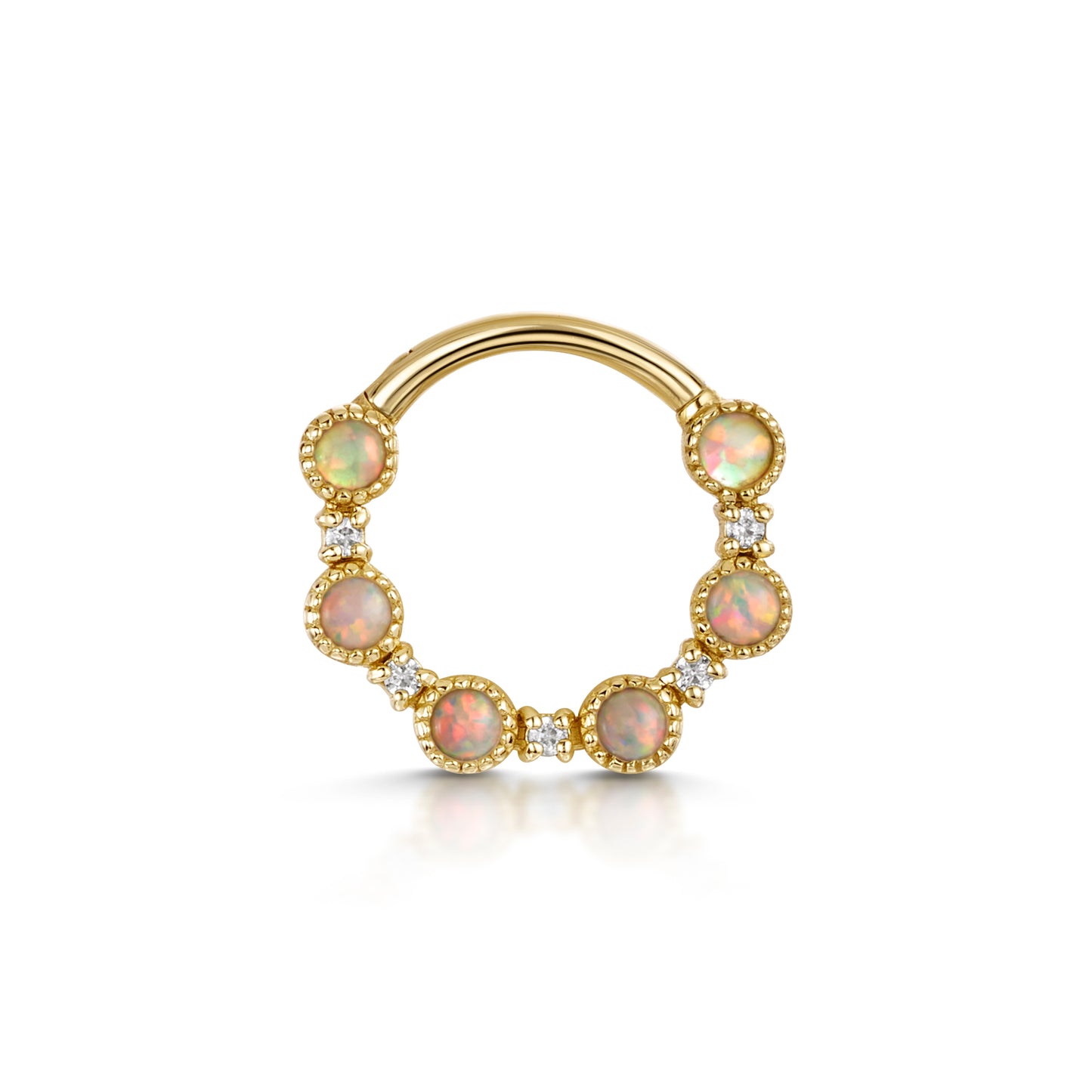 9k solid yellow gold white opal halo hoop for daith or septum