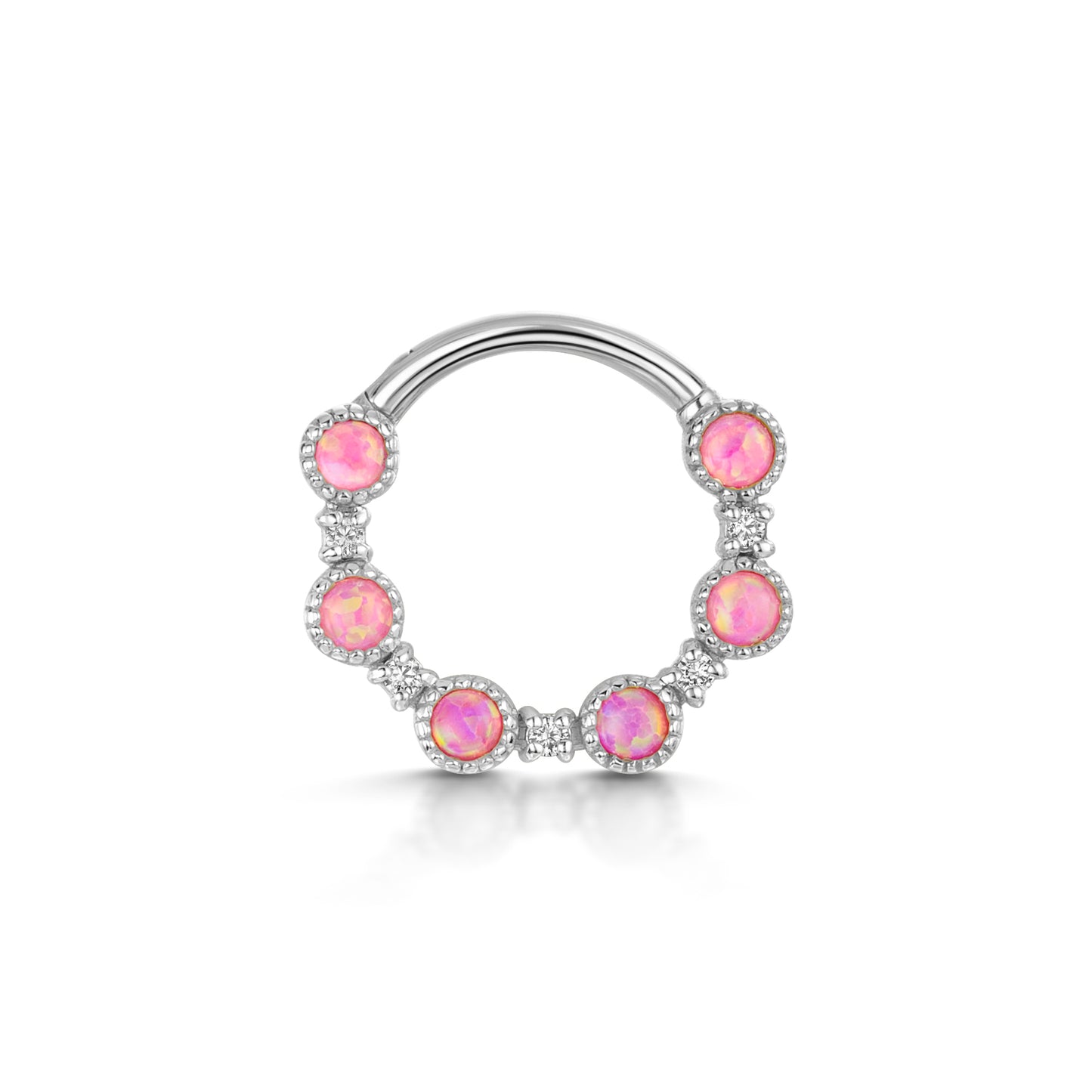 9k solid white gold Flora pink opal halo hoop for daith or septum