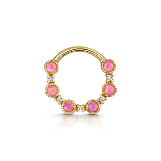 9k solid yellow gold Flora pink opal halo hoop for daith or septum