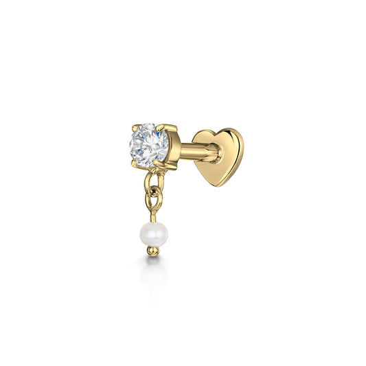 9k solid yellow gold hanging crystal and Pearl flat back labret stud earring 6mm