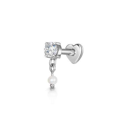 9k solid white gold hanging crystal and Pearl flat back labret stud earring 6mm