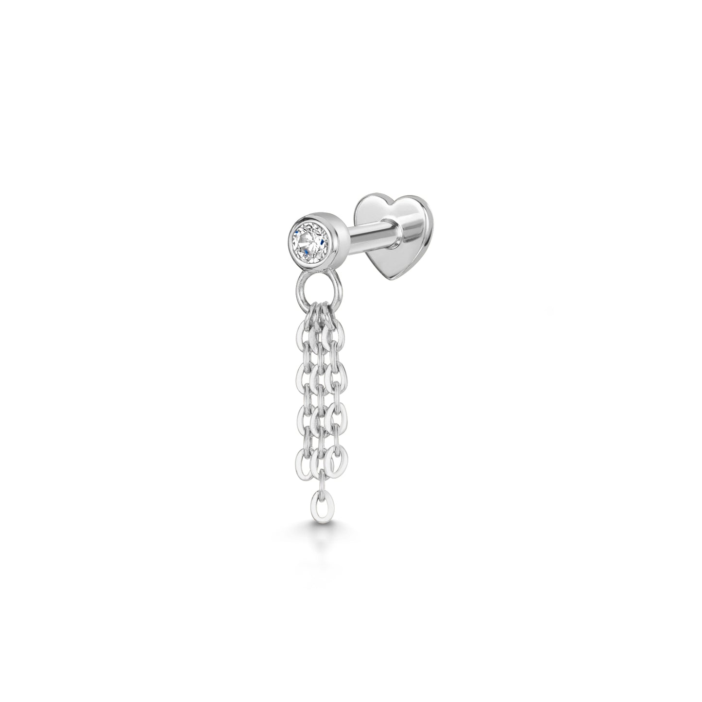 9k solid white gold crystal hanging chain flat back labret stud earring 6mm