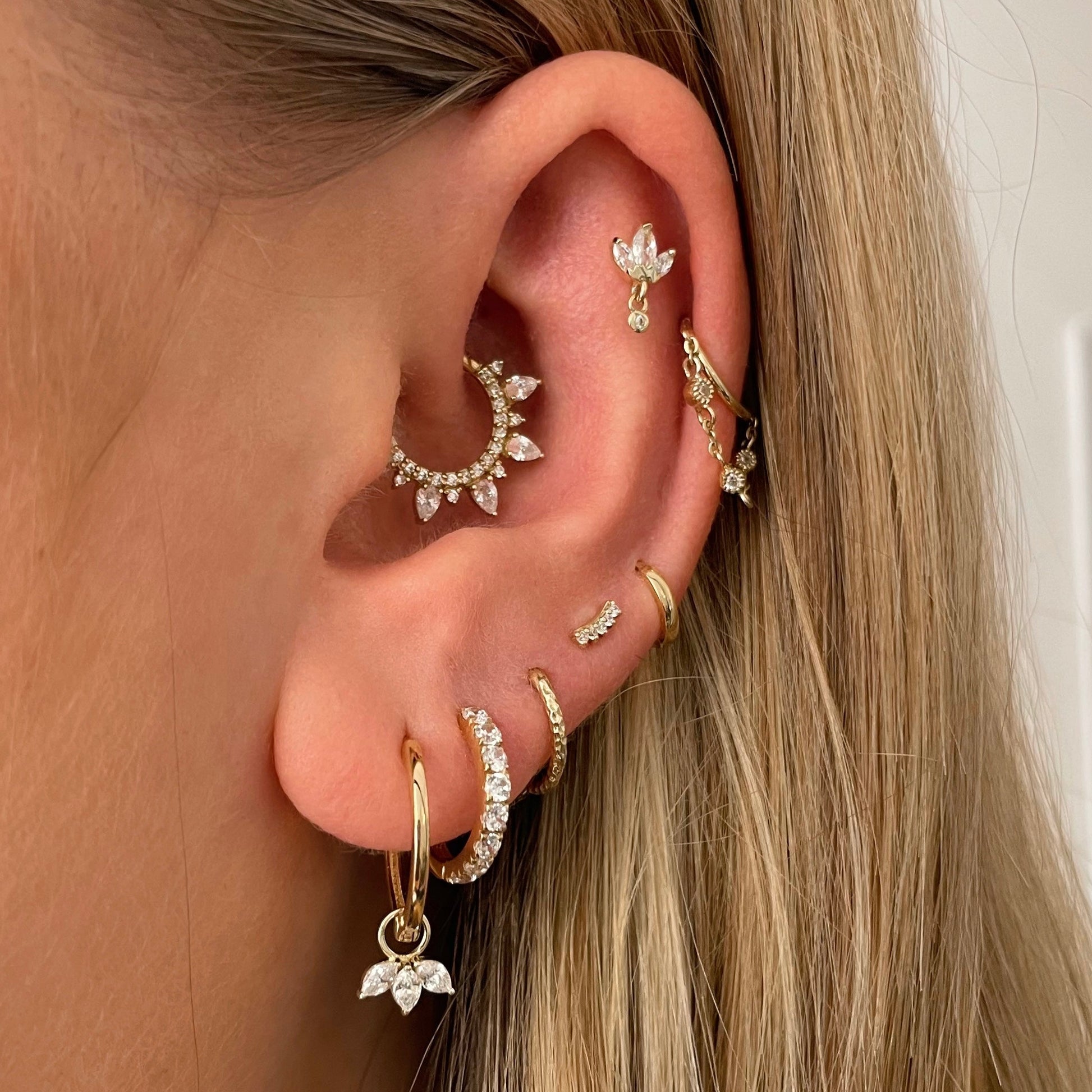 14k solid yellow gold curved gem flat back labret stud earring 8mm Cartilage Studs Laura Bond Maria Tash astrid miyu