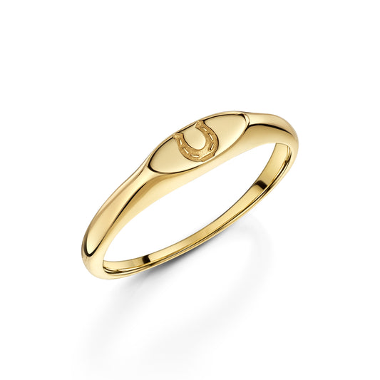 9k solid yellow gold horseshoe 'Be lucky' signet ring