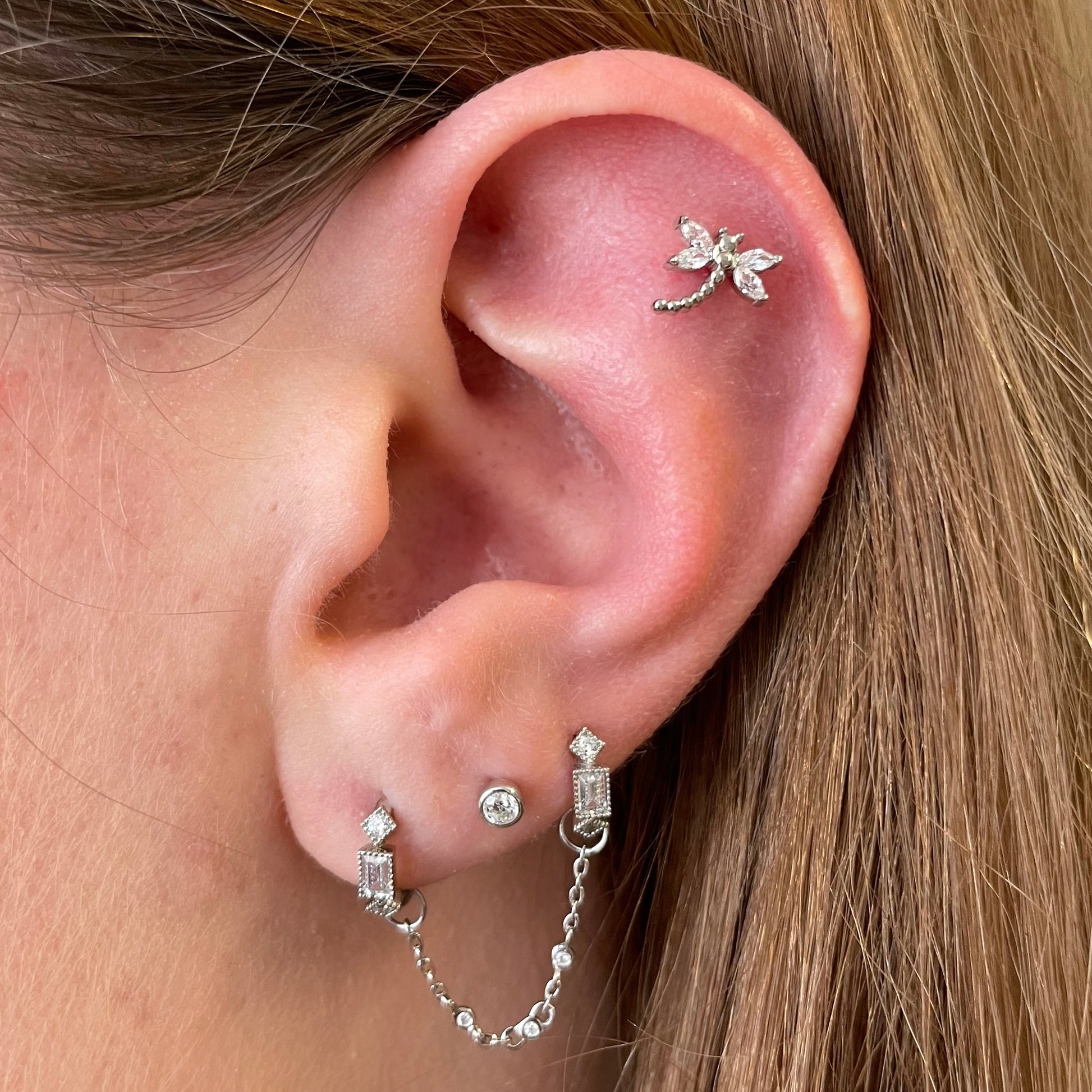 14k solid white gold bezel set single gem flat back labret stud earring 8mm Cartilage Studs Laura Bond Maria Tash