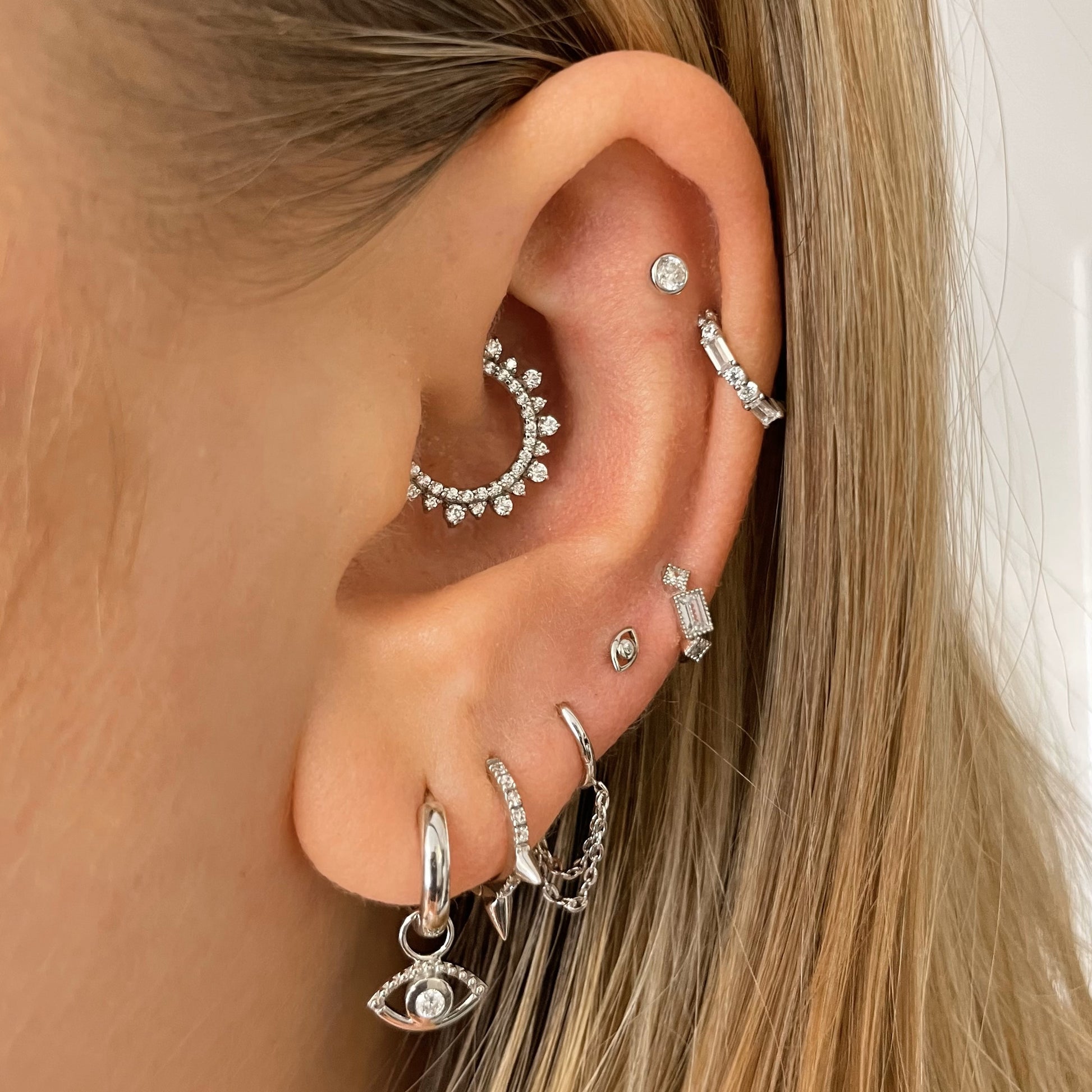 14k solid white gold bezel set single gem flat back labret stud earring 8mm Cartilage Studs Laura Bond Maria Tash