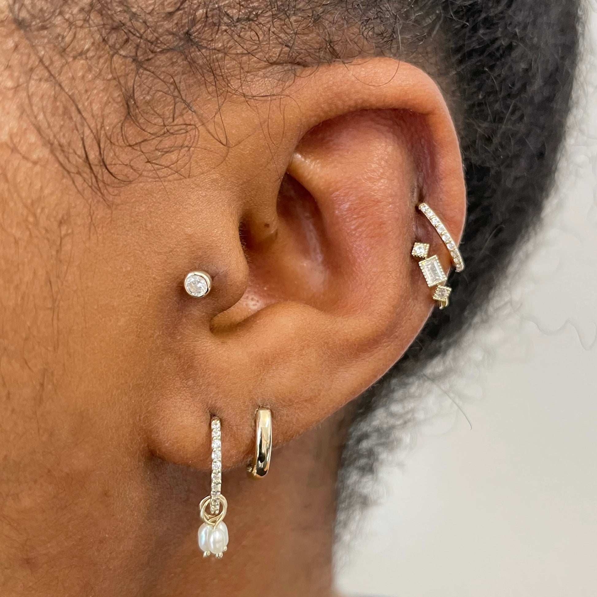 14k solid yellow bezel set crystal single gem flat back labret stud earring 8mm Cartilage Studs Laura Bond Maria Tash
