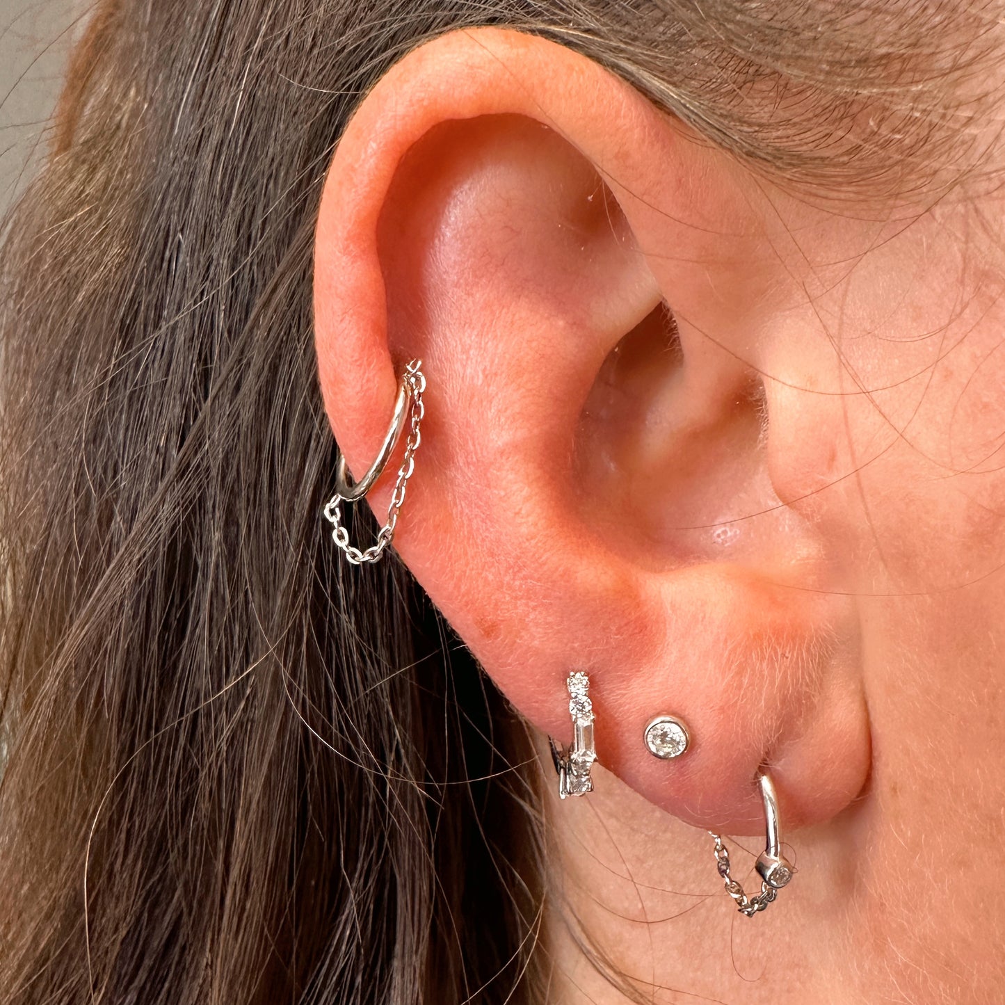 9k solid white gold crystal chain huggie earring pair
