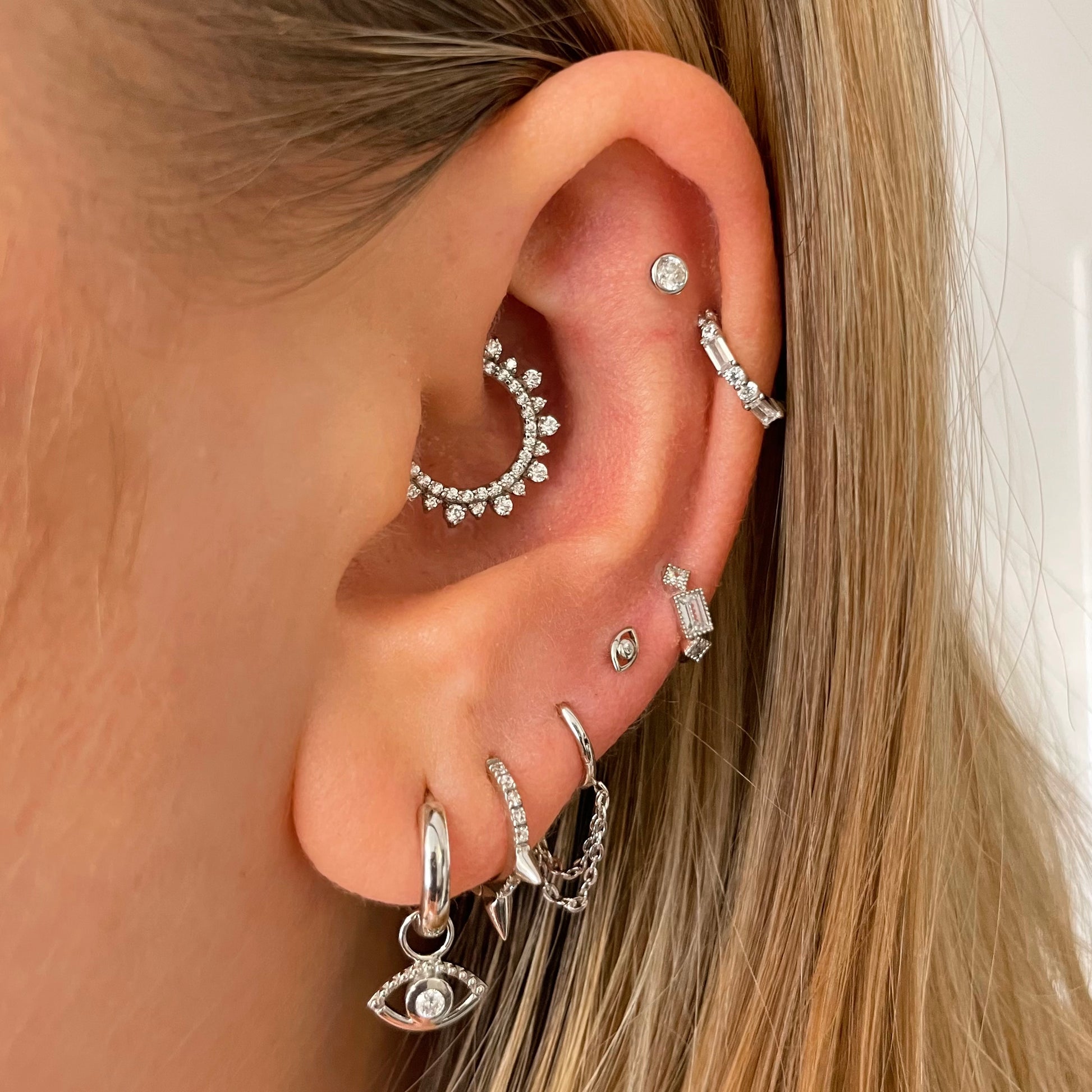 9k solid white gold 8mm crystal spike huggie earring Huggies and Hoops Laura Bond Maria Tash astrid miyu