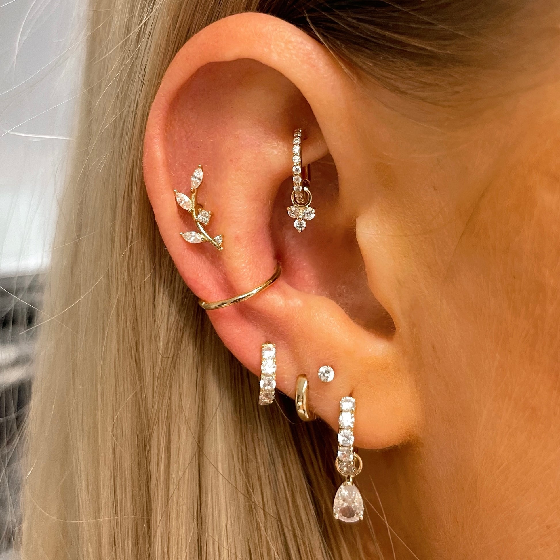 9k solid yellow gold 6mm crystal clicker hoop earring with crystal trio charm - LAURA BOND jewellery