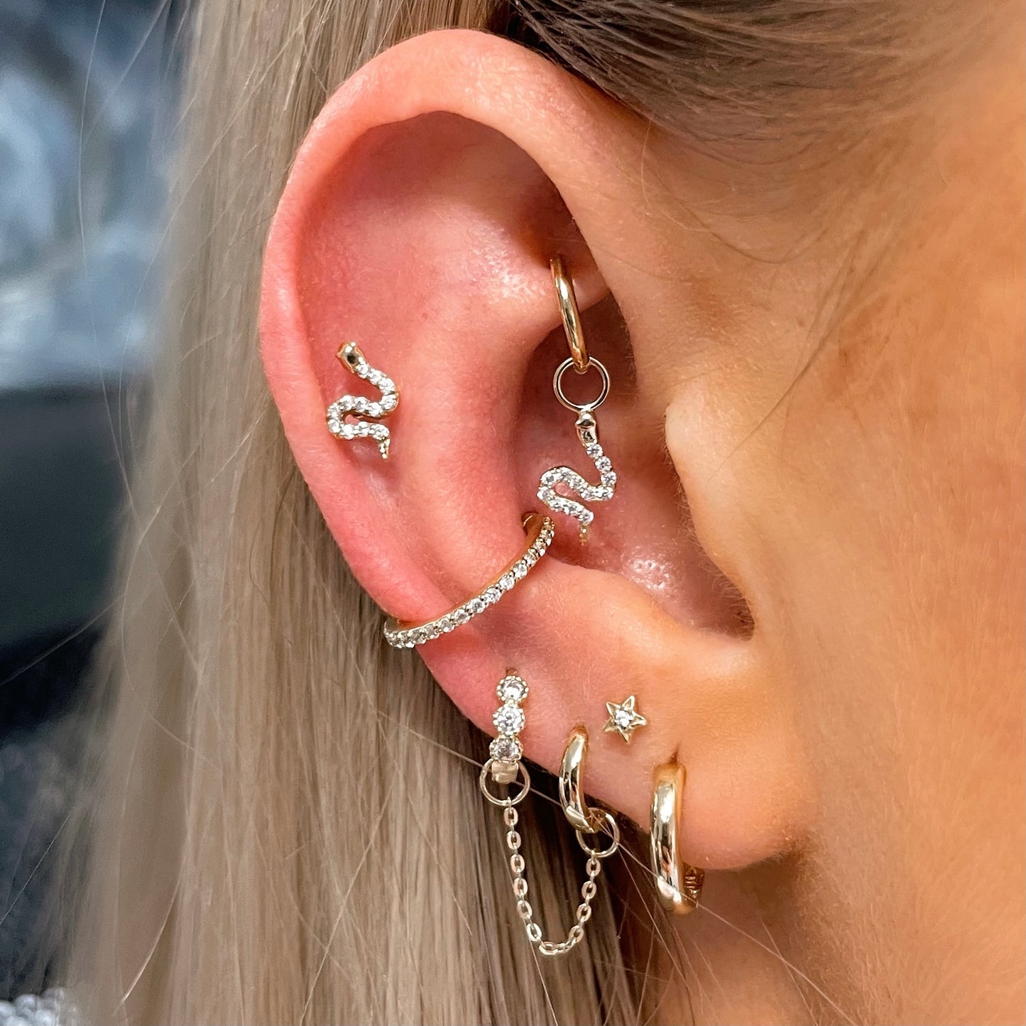 9k solid yellow gold eternity crystal conch clicker hoop earring - Laura Bond Jewellery