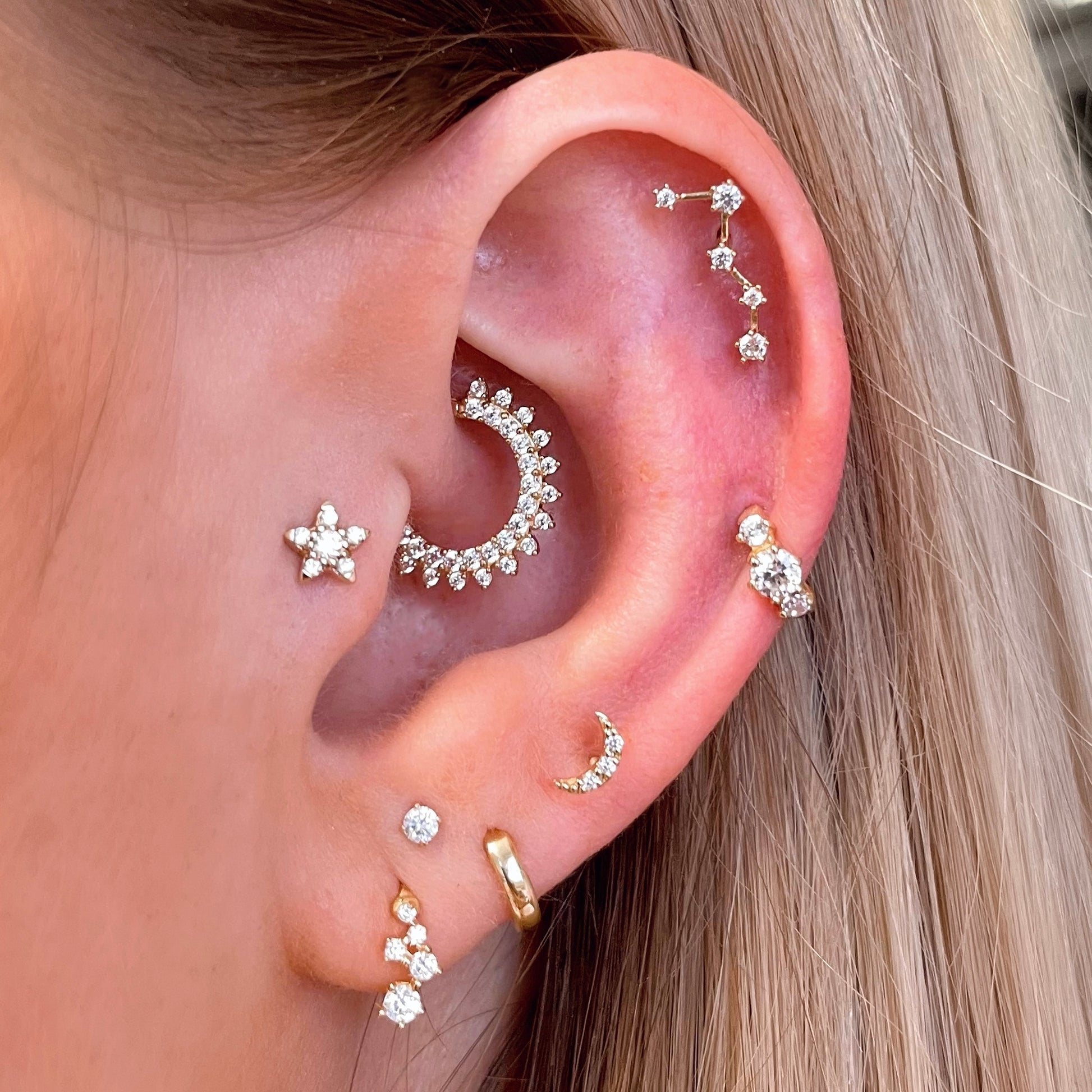 9k solid yellow gold crystal moon labret stud earring - Laura Bond Jewellery