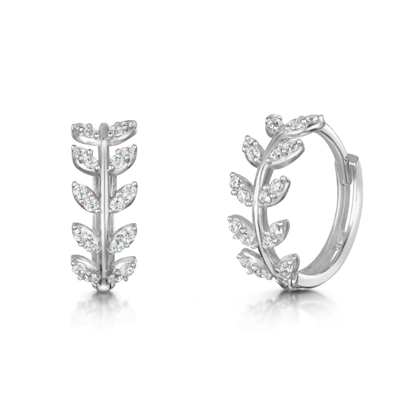 9k solid white gold Aphrodite vine leaf huggie earring pair