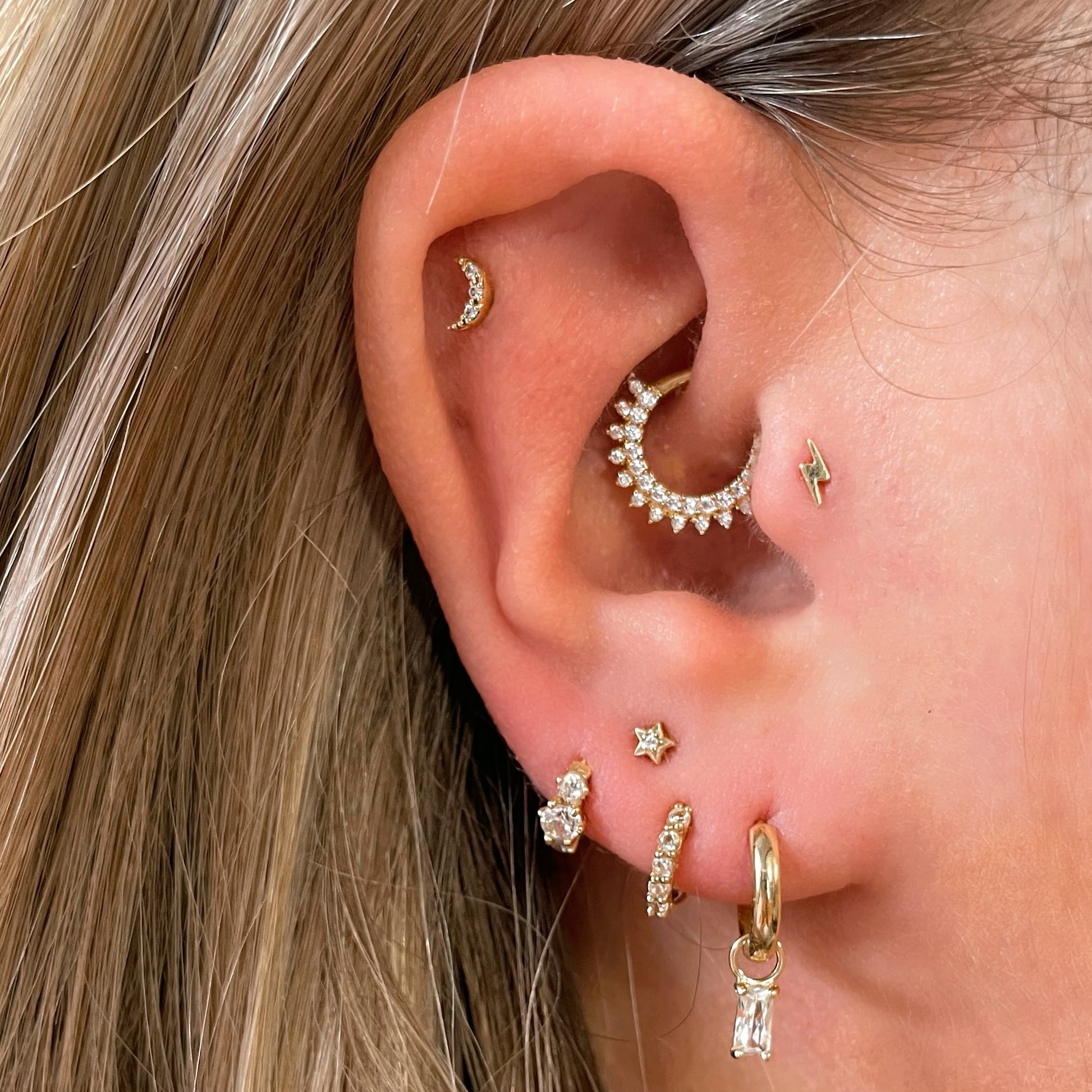 9k solid yellow gold tiny lightning bolt flat back labret stud earring 6mm Cartilage Studs Laura Bond Maria Tash