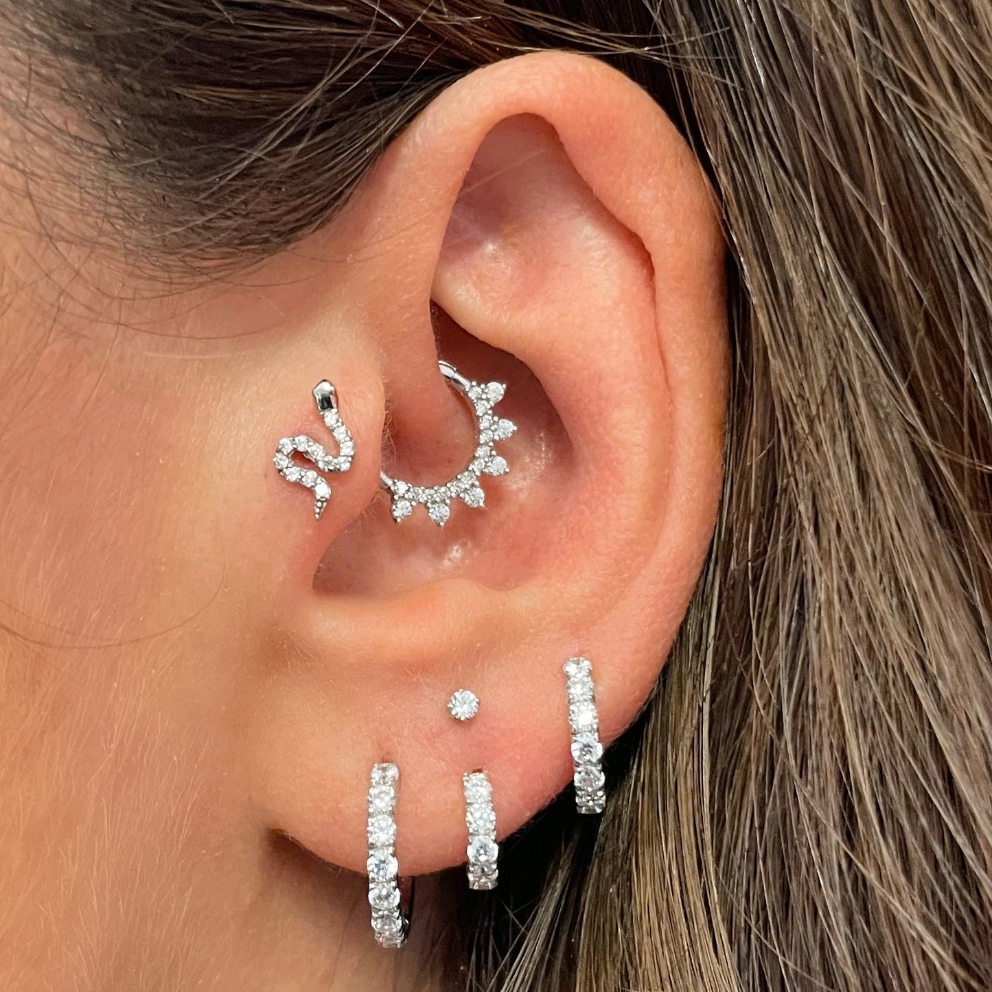 9k solid white gold 10mm simple crystal huggie earring pair