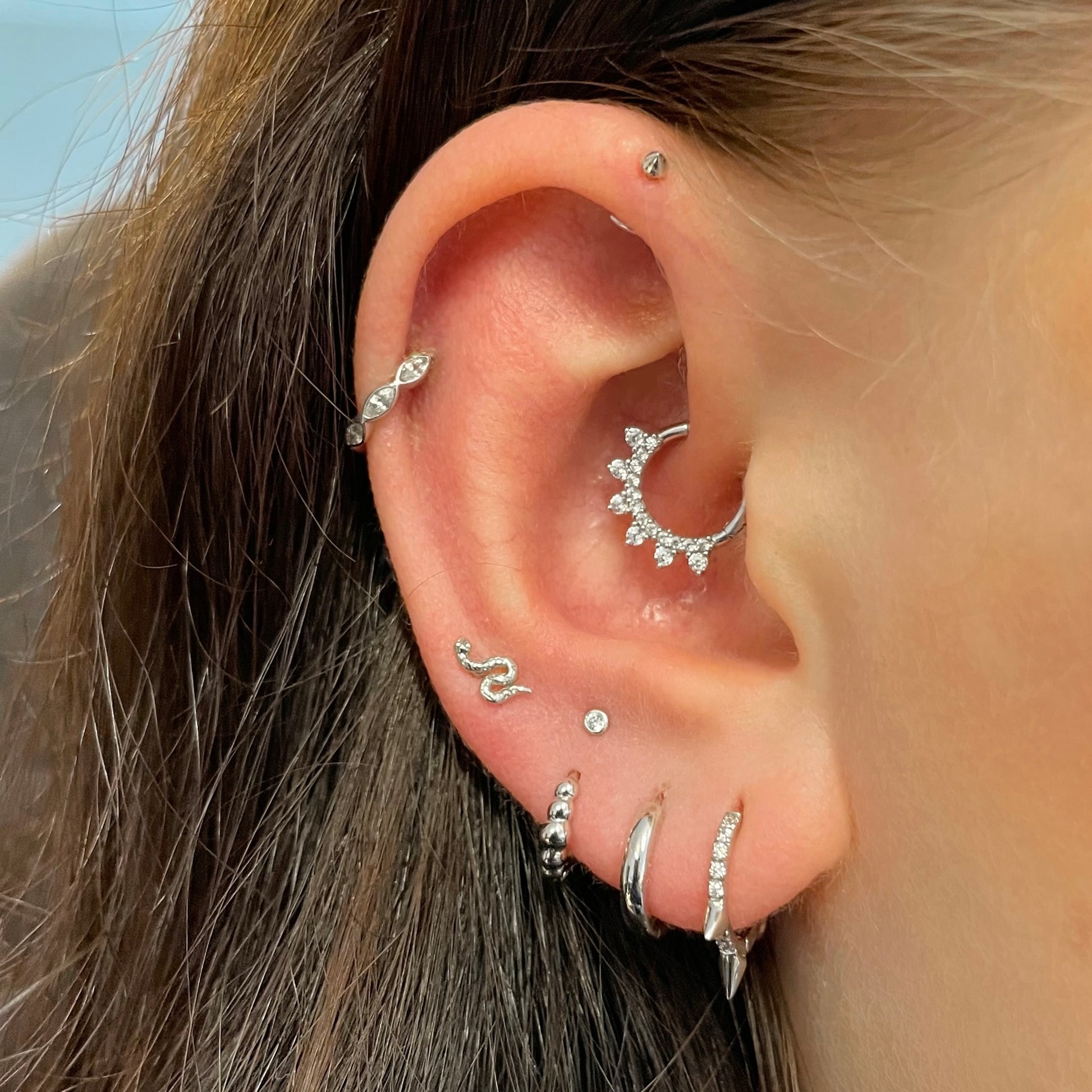 9k solid white gold 8mm crystal spike huggie earring Huggies and Hoops Laura Bond Maria Tash astrid miyu