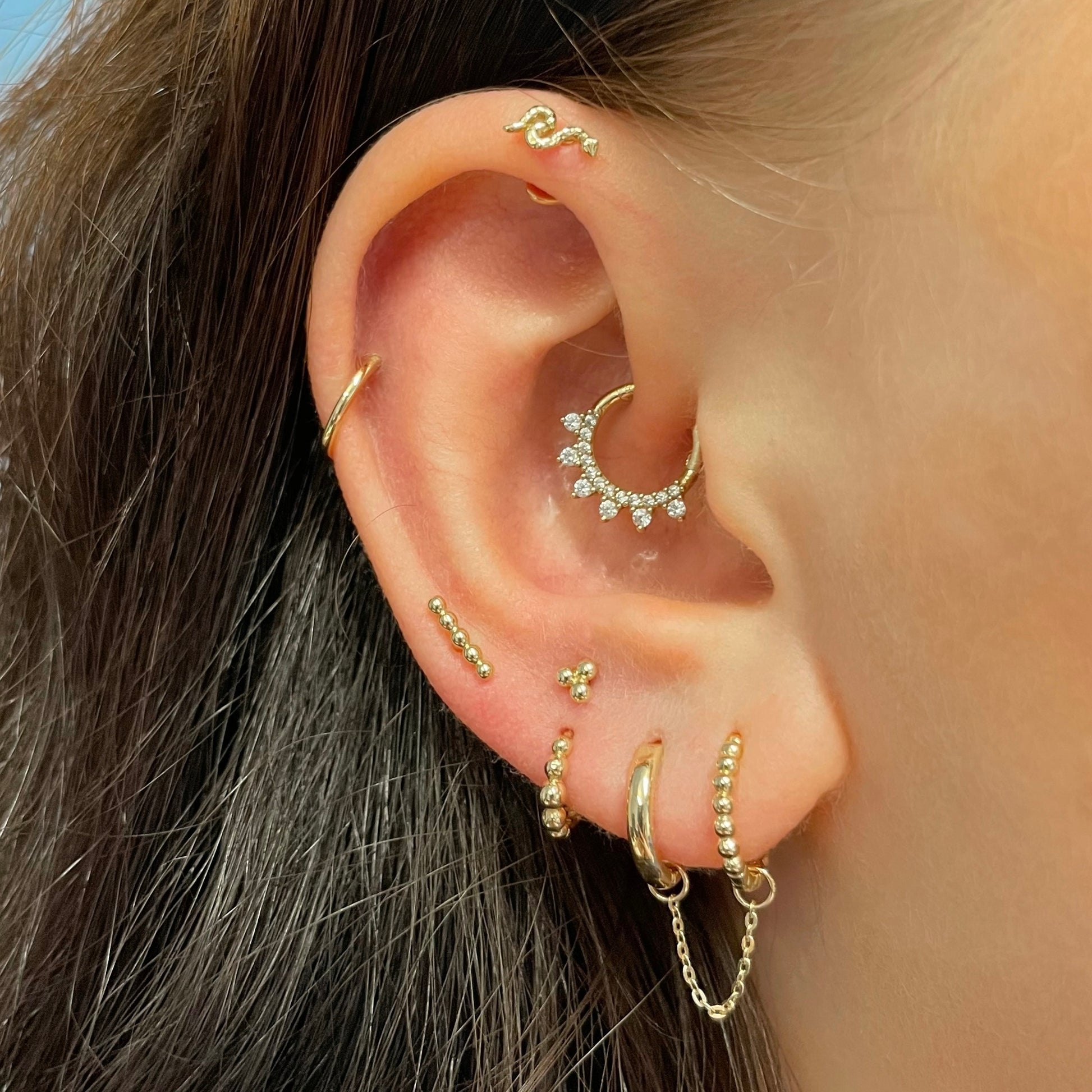 9k solid yellow gold tiny textured serpent flat back labret stud earring - LAURA BOND jewellery