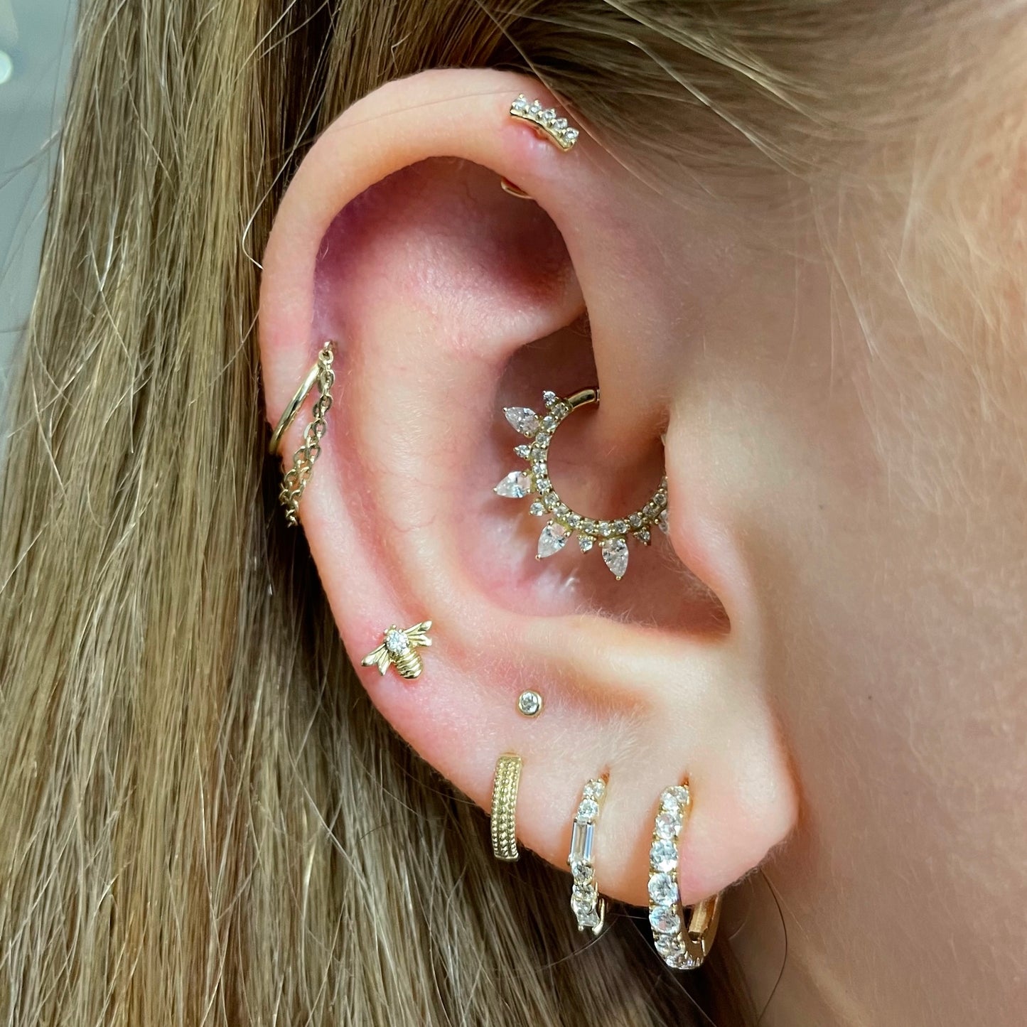 9k solid yellow gold 10mm simple crystal huggie earring