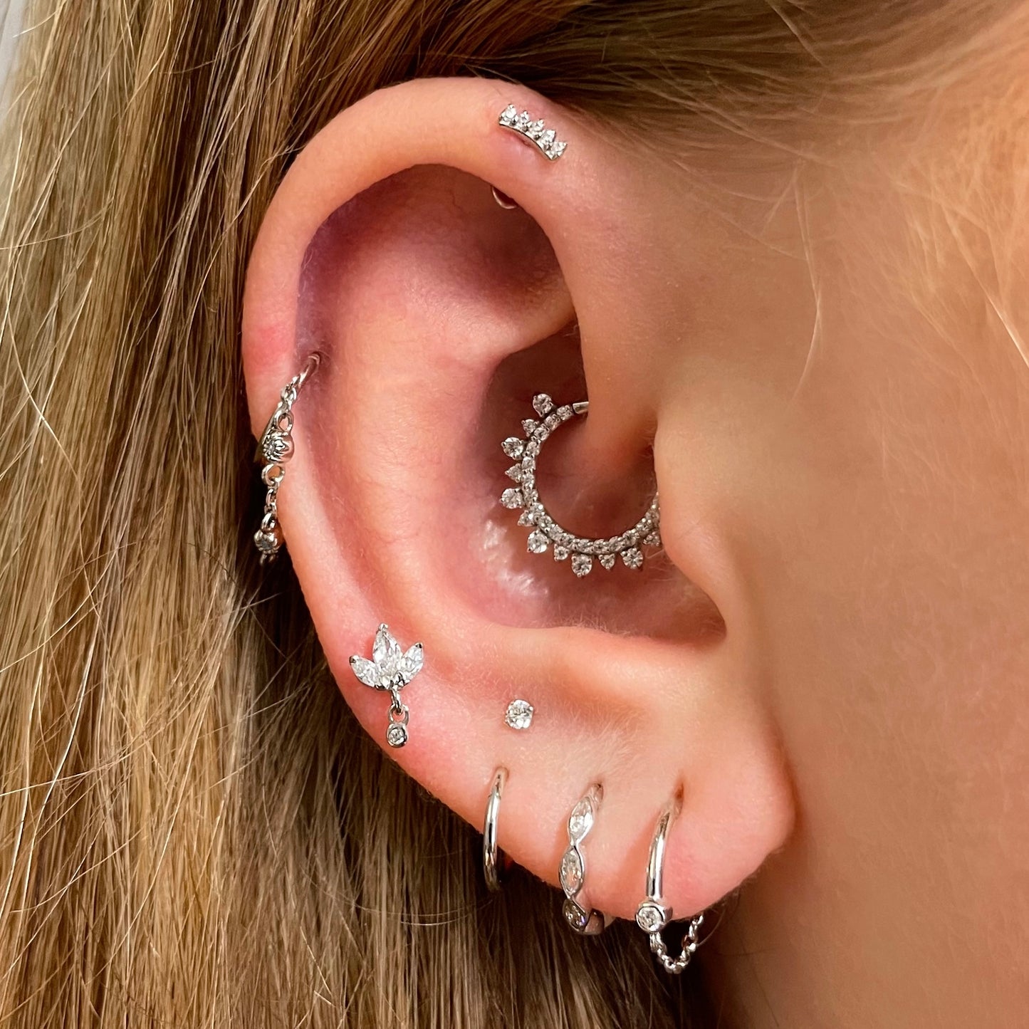 9k solid white gold 8mm 16g marquise crystal clicker hoop earring Huggies and Hoops Laura Bond Maria Tash astrid miyu