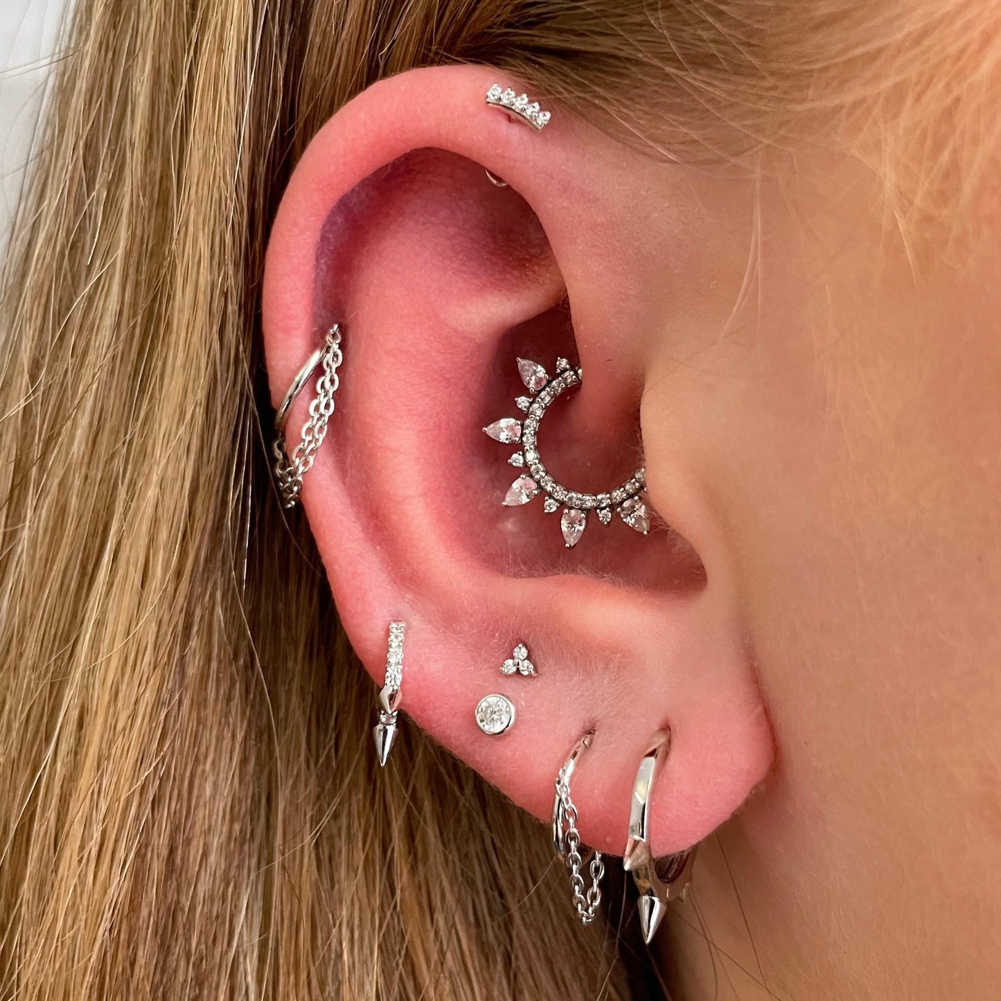 9k solid white gold 10mm plain spike huggie earring pair Earring Pairs Laura Bond Maria Tash astrid miyu