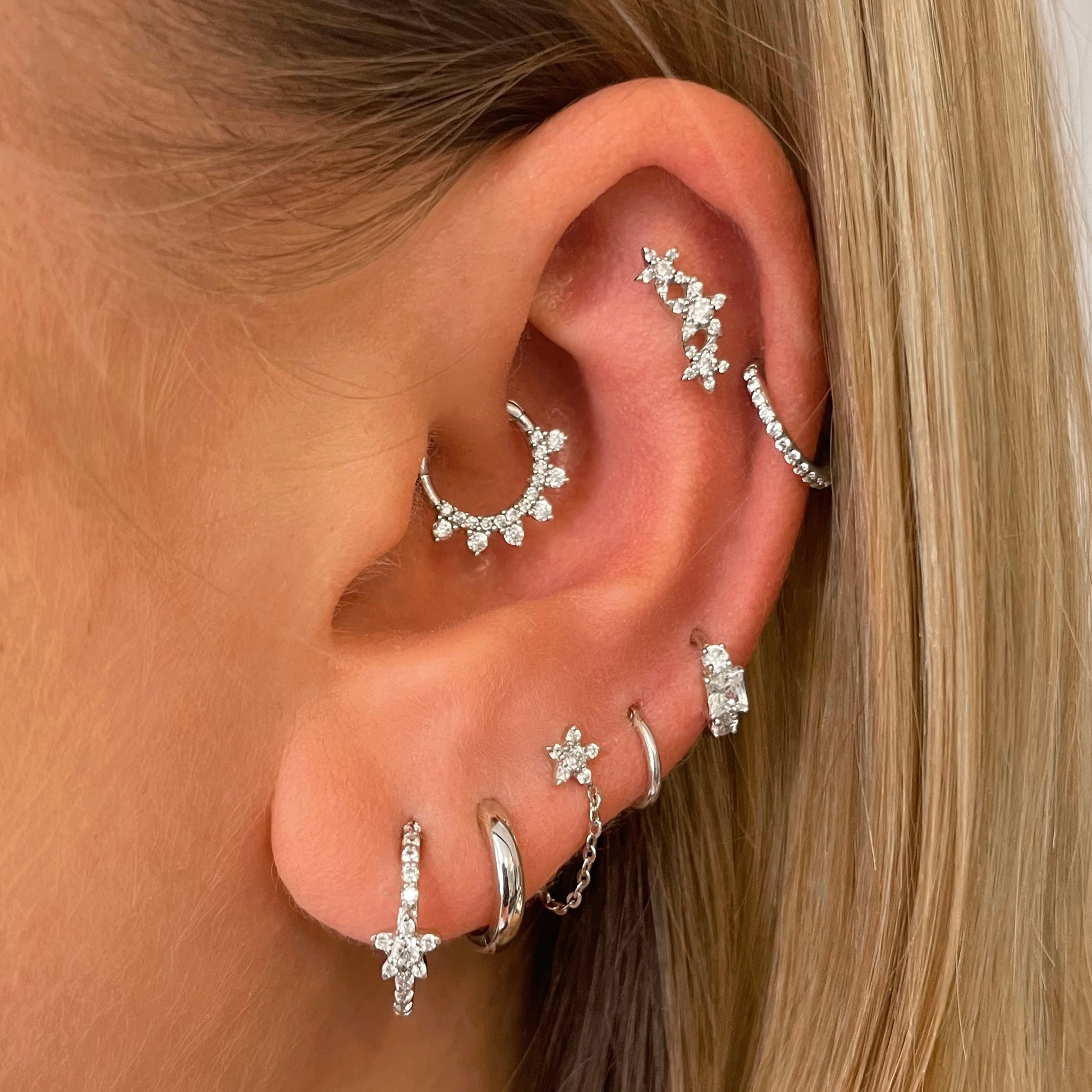 14k solid white gold star garland flat back labret stud earring 8mm - LAURA BOND jewellery