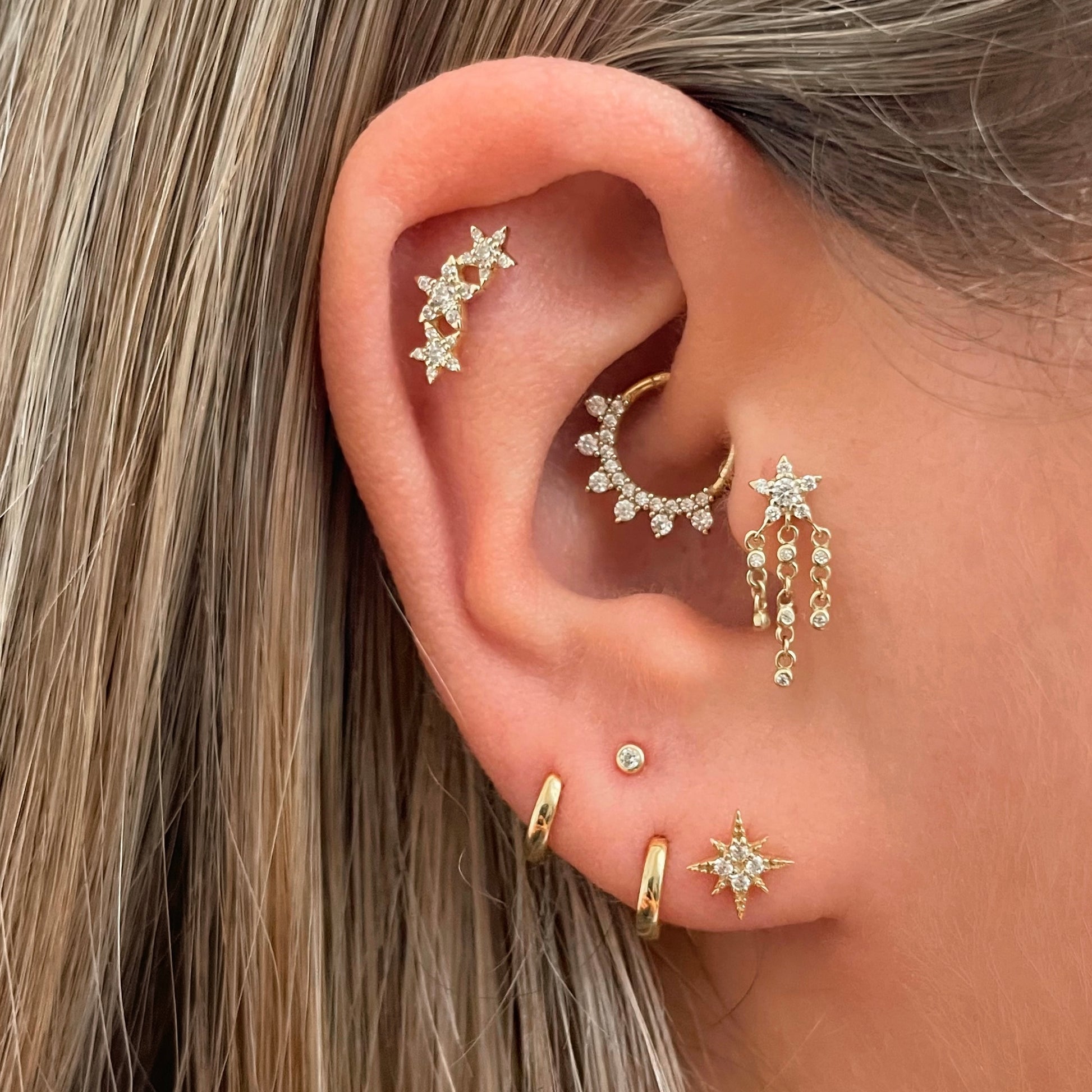 14k solid yellow gold star garland flat back labret stud earring 8mm - LAURA BOND jewellery