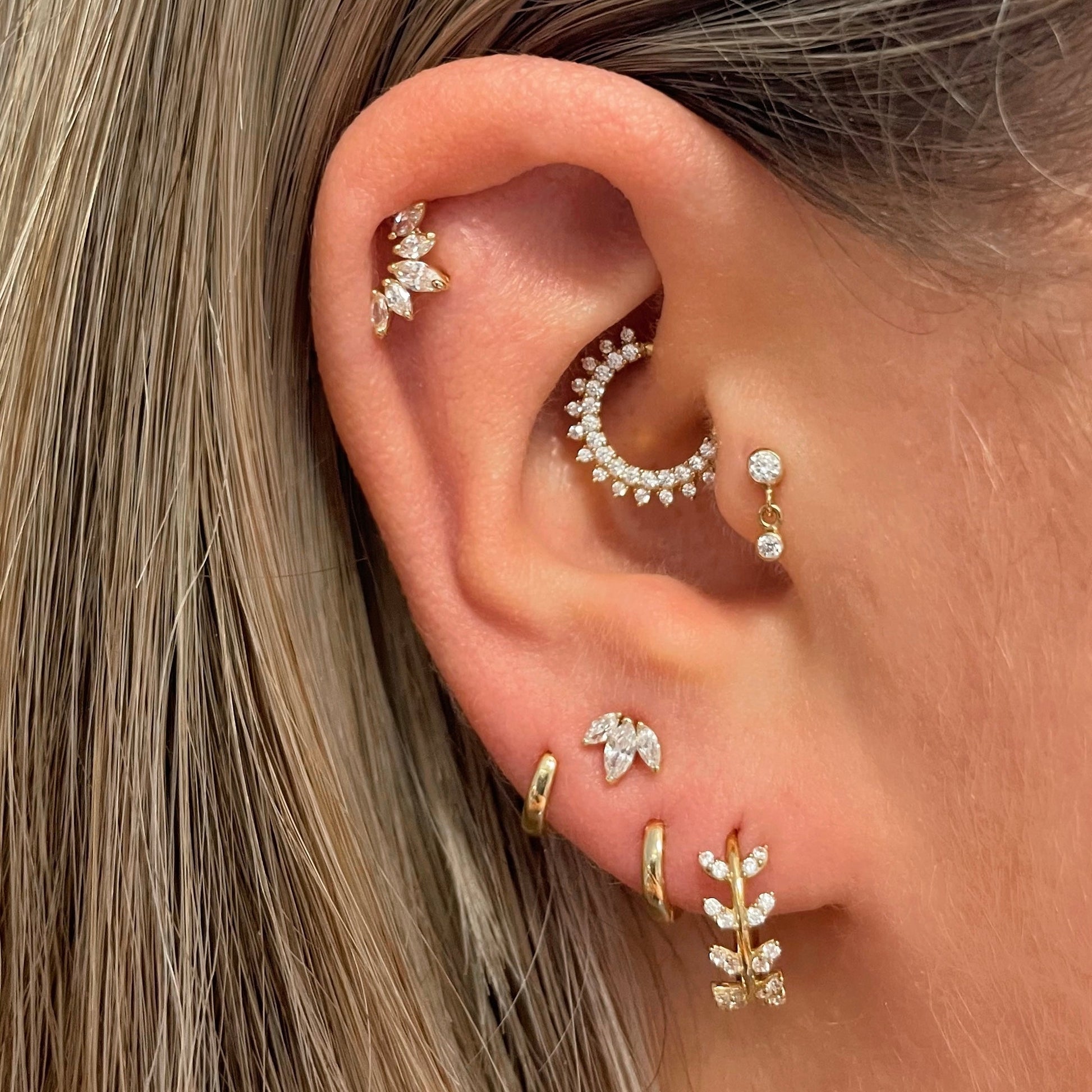 9k solid yellow gold hanging crystal gem flat back labret stud earring - Laura Bond jewellery