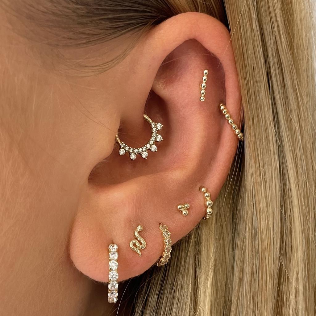 14k solid yellow gold tri-bead flat back labret stud earring 8mm Cartilage Studs Laura Bond Maria Tash astrid miyu