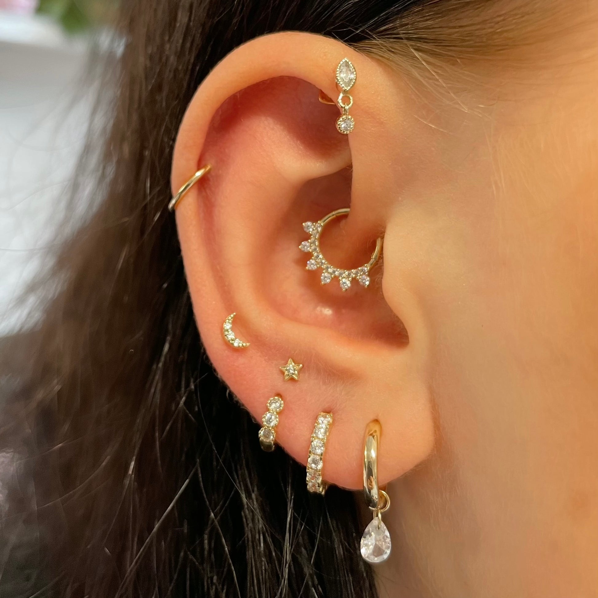 9k solid yellow gold crystal moon labret stud earring - LAURA BOND jewellery
