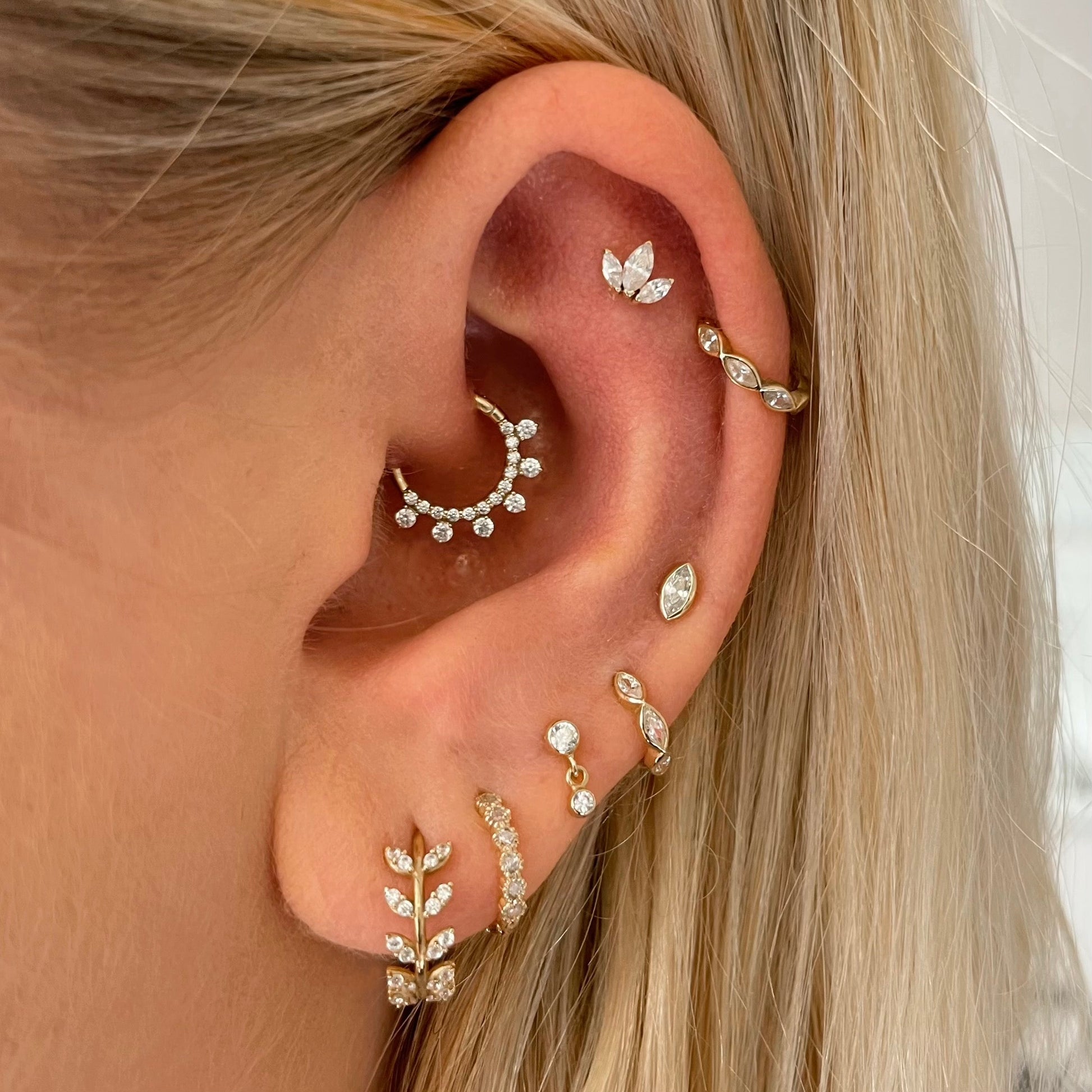 9k solid yellow gold hanging crystal gem flat back labret stud earring - Laura Bond jewellery