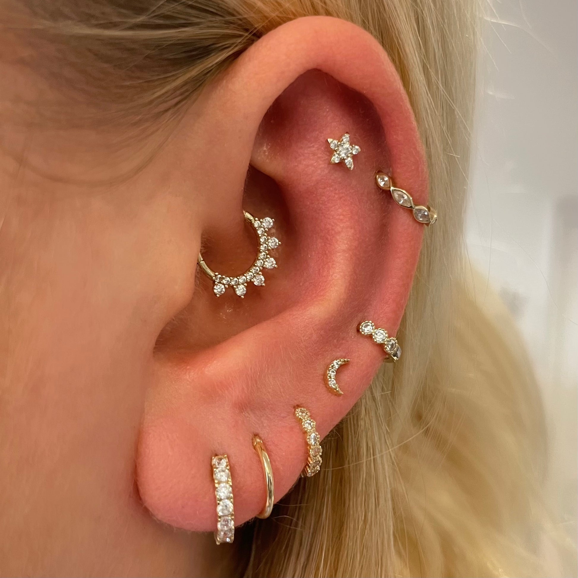 9k solid yellow gold 8mm 16g white crystal pavé hoop for daith or septum Huggies and Hoops Laura Bond Maria Tash